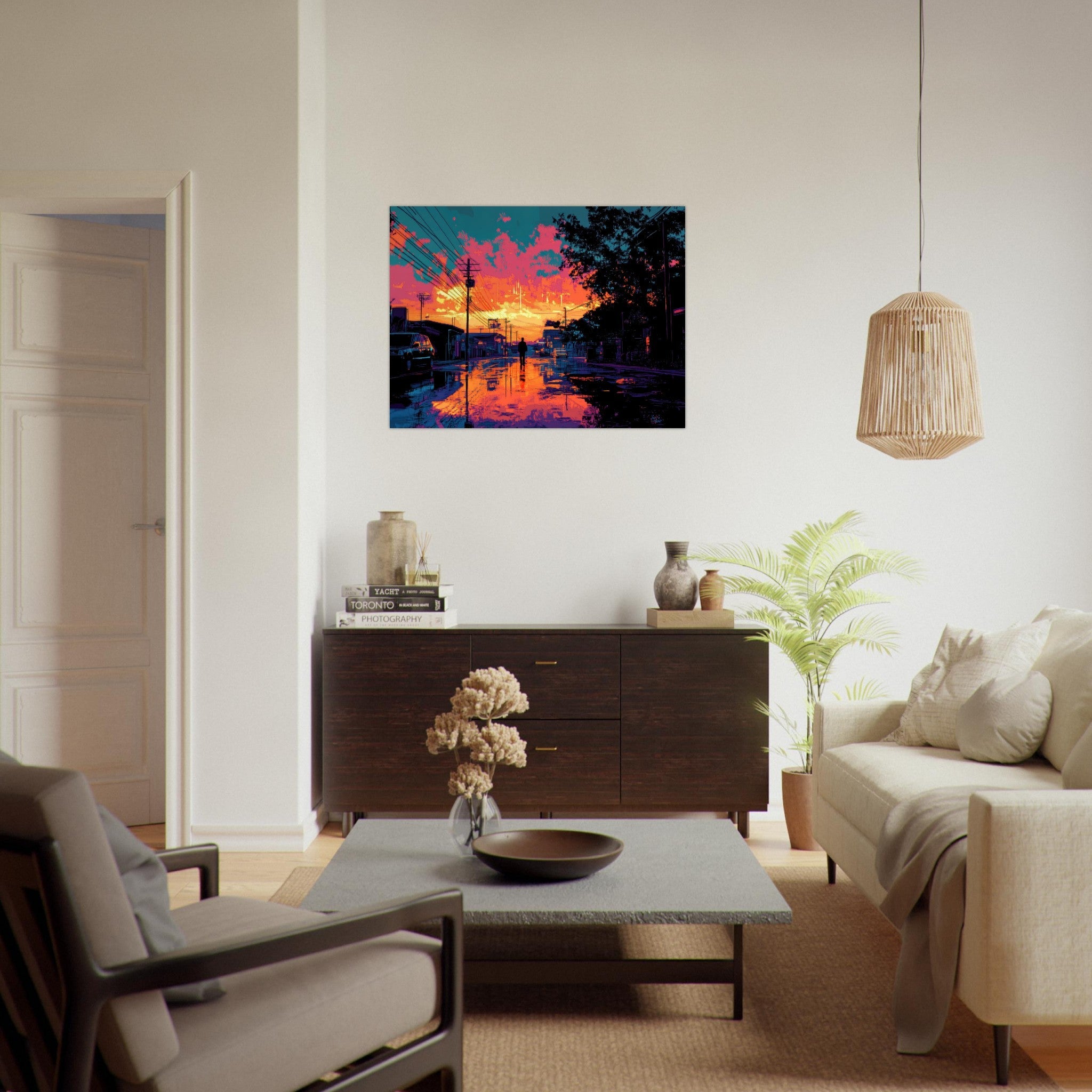 Fine Art Poster Landscape - A city where neon lights create impossible rifle 3 - Shop Ai Art WebShop - Digital Art online Store