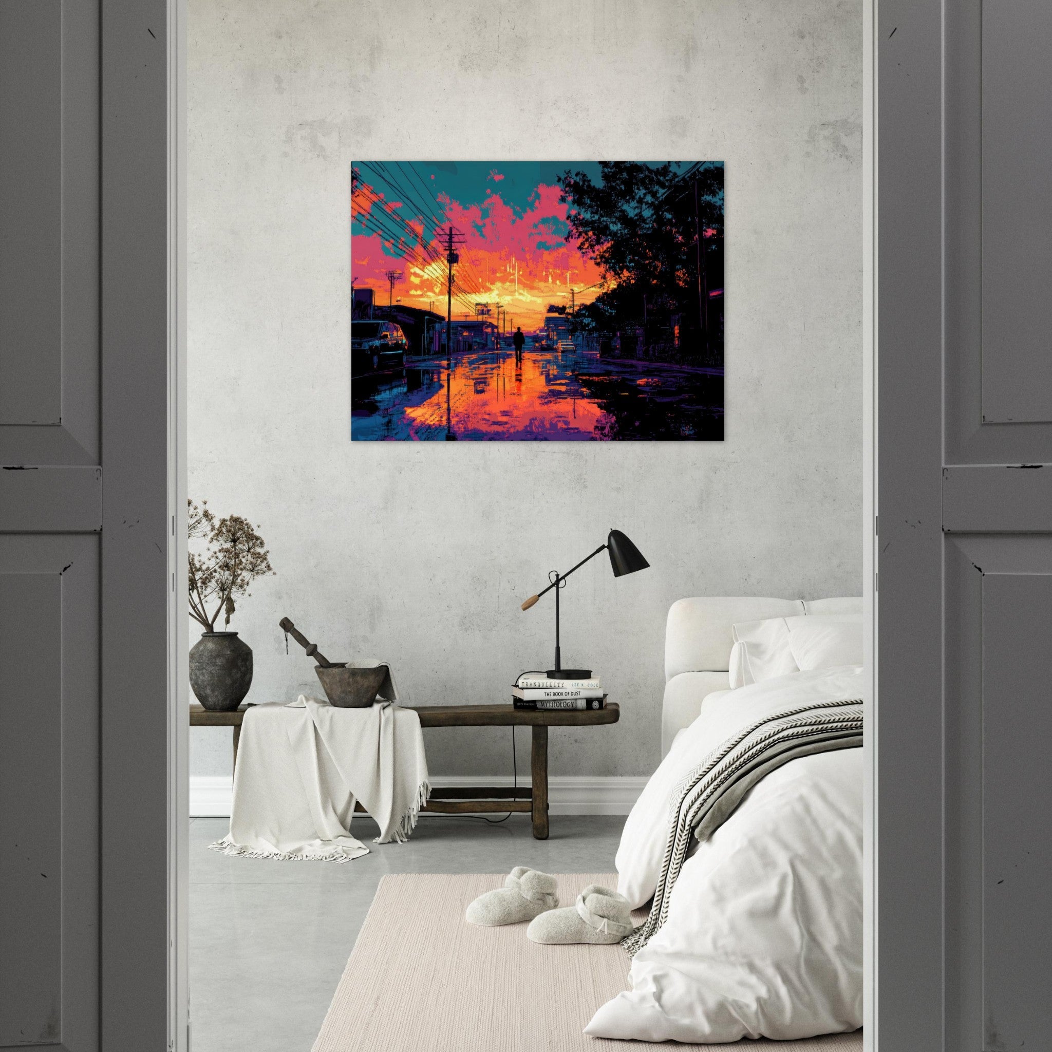 Fine Art Poster Landscape - A city where neon lights create impossible rifle 3 - Shop Ai Art WebShop - Digital Art online Store