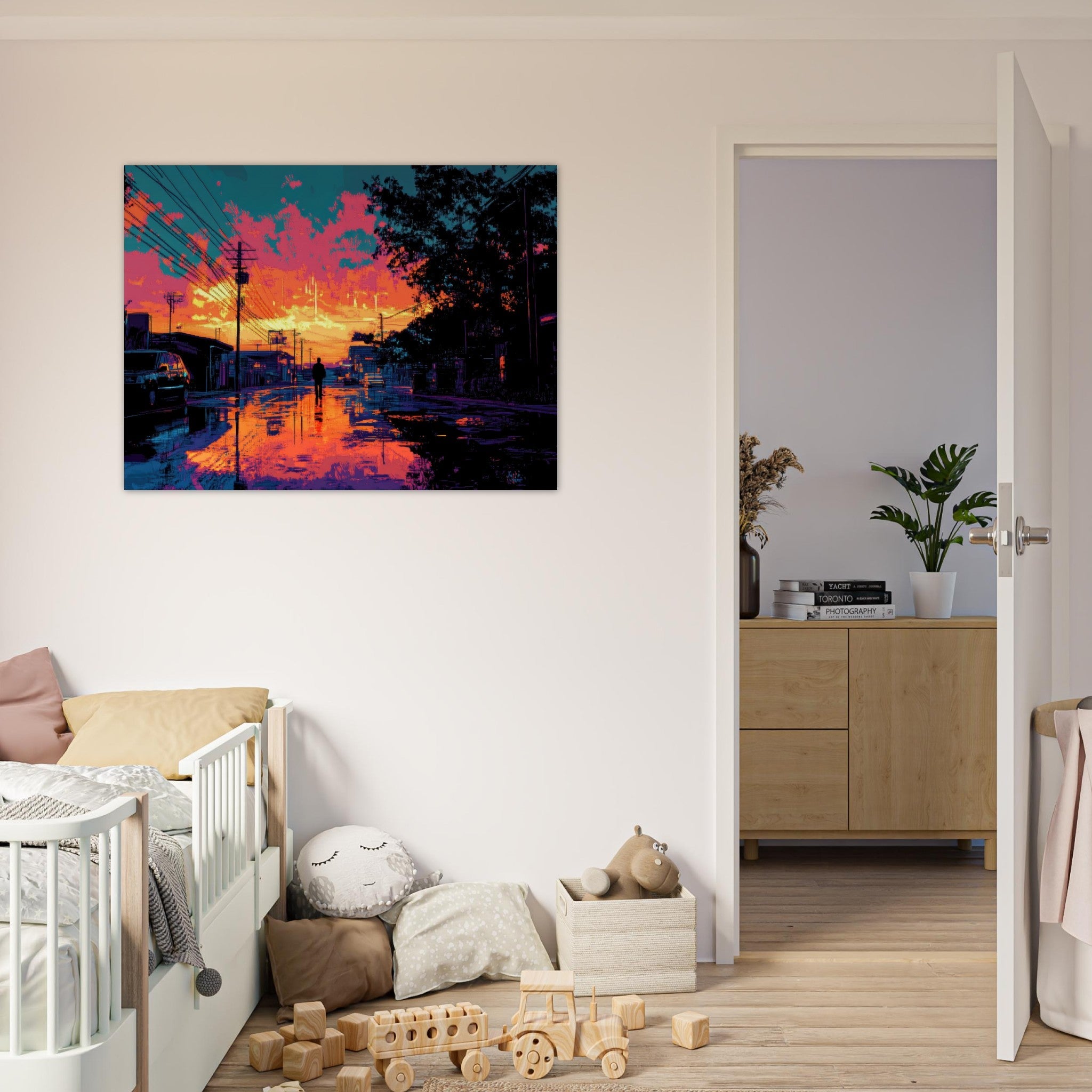 Fine Art Poster Landscape - A city where neon lights create impossible rifle 3 - Shop Ai Art WebShop - Digital Art online Store