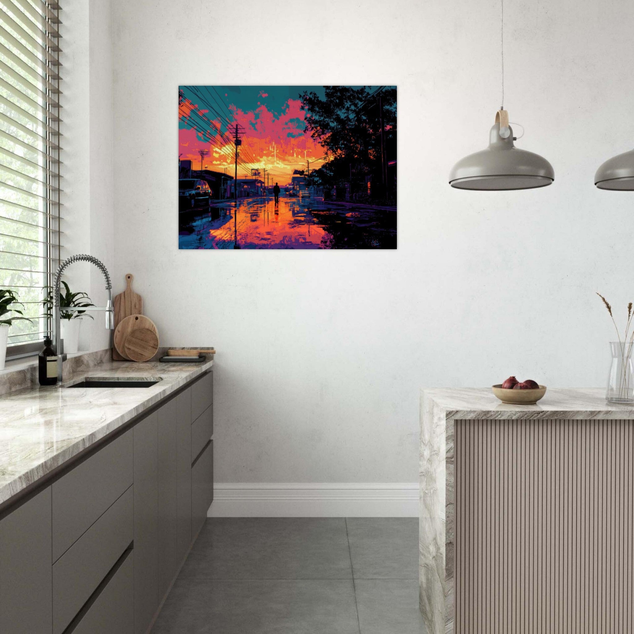 Fine Art Poster Landscape - A city where neon lights create impossible rifle 3 - Shop Ai Art WebShop - Digital Art online Store