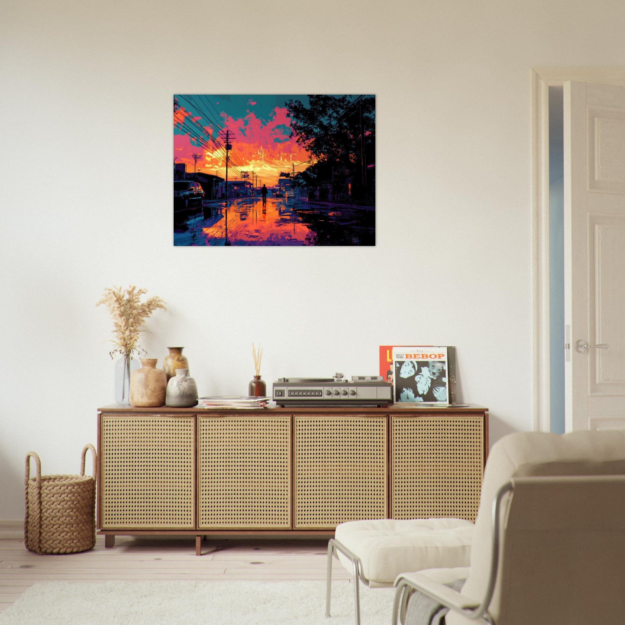 Fine Art Poster Landscape - A city where neon lights create impossible rifle 3 - Shop Ai Art WebShop - Digital Art online Store