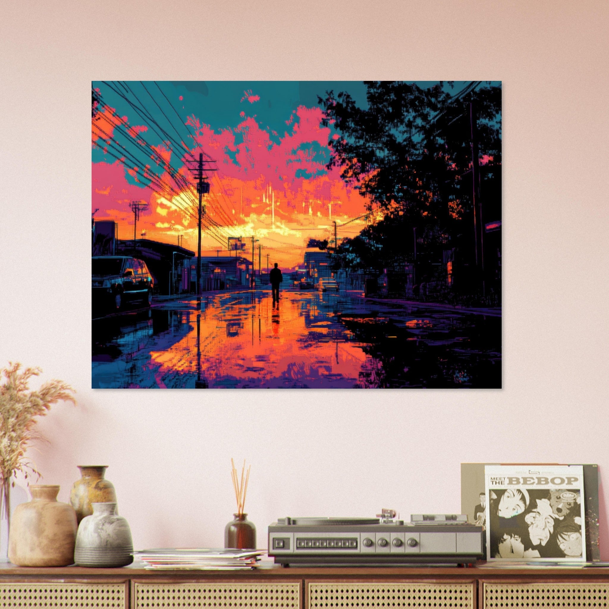 Fine Art Poster Landscape - A city where neon lights create impossible rifle 3 - Shop Ai Art WebShop - Digital Art online Store
