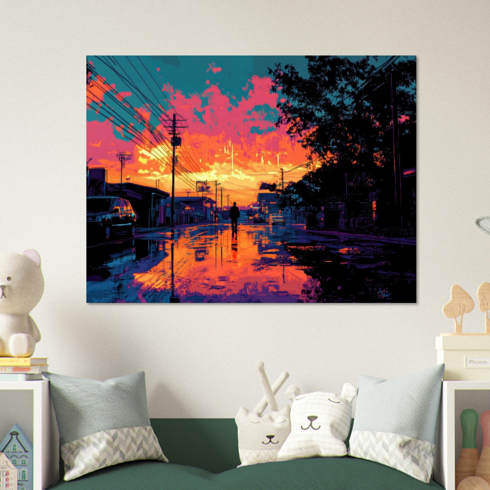 Fine Art Poster Landscape - A city where neon lights create impossible rifle 3 - Shop Ai Art WebShop - Digital Art online Store