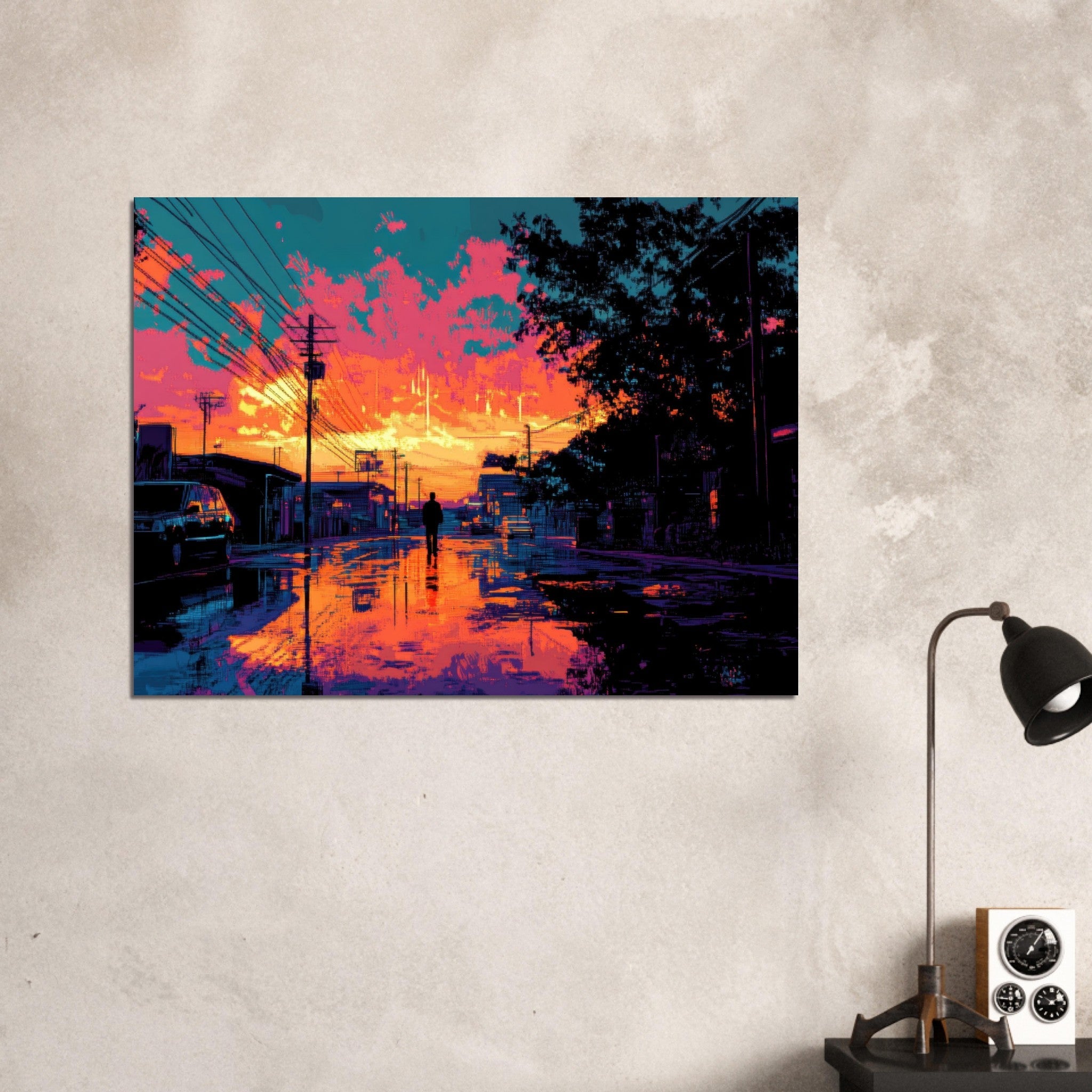 Fine Art Poster Landscape - A city where neon lights create impossible rifle 3 - Shop Ai Art WebShop - Digital Art online Store