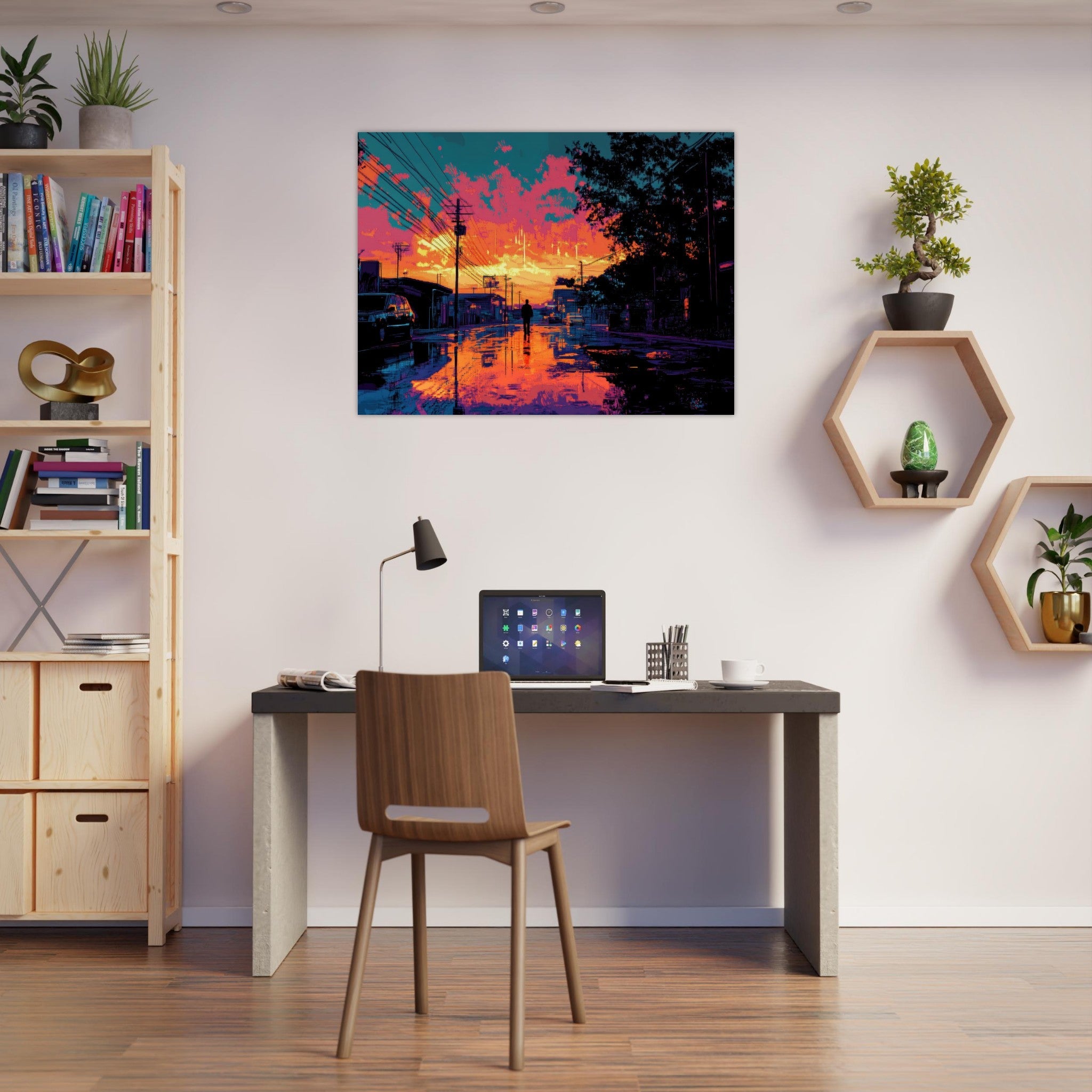 Fine Art Poster Landscape - A city where neon lights create impossible rifle 3 - Shop Ai Art WebShop - Digital Art online Store