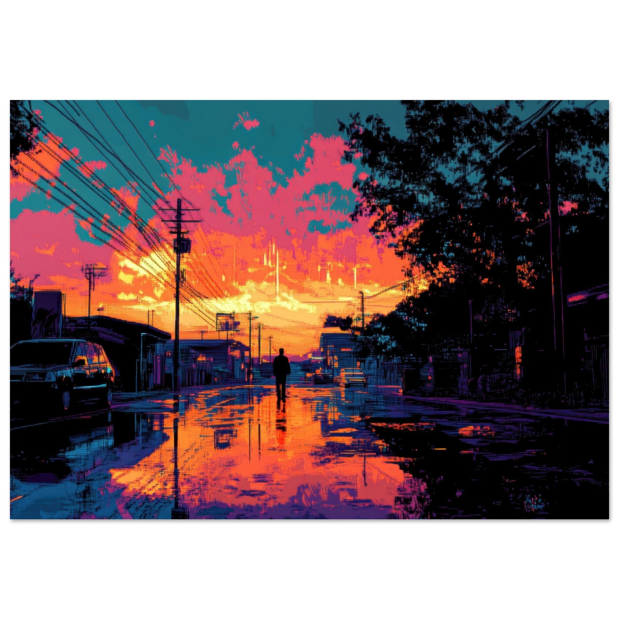 Fine Art Poster Landscape - A city where neon lights create impossible rifle 3 - Shop Ai Art WebShop - Digital Art online Store