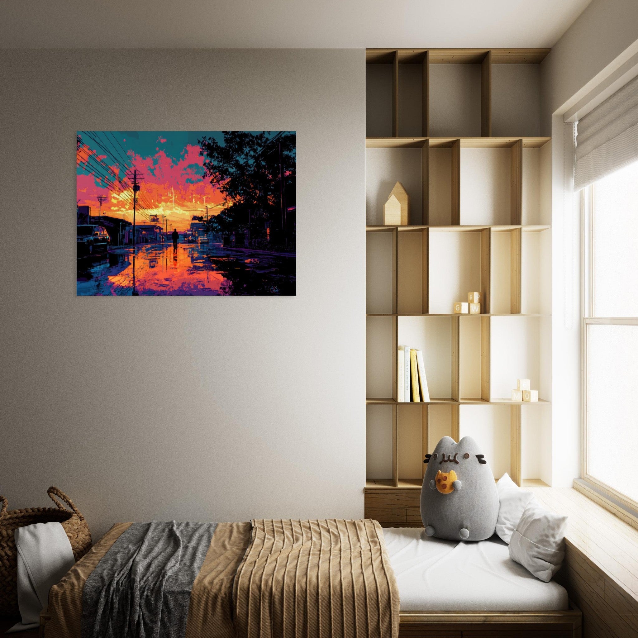 Fine Art Poster Landscape - A city where neon lights create impossible rifle 3 - Shop Ai Art WebShop - Digital Art online Store