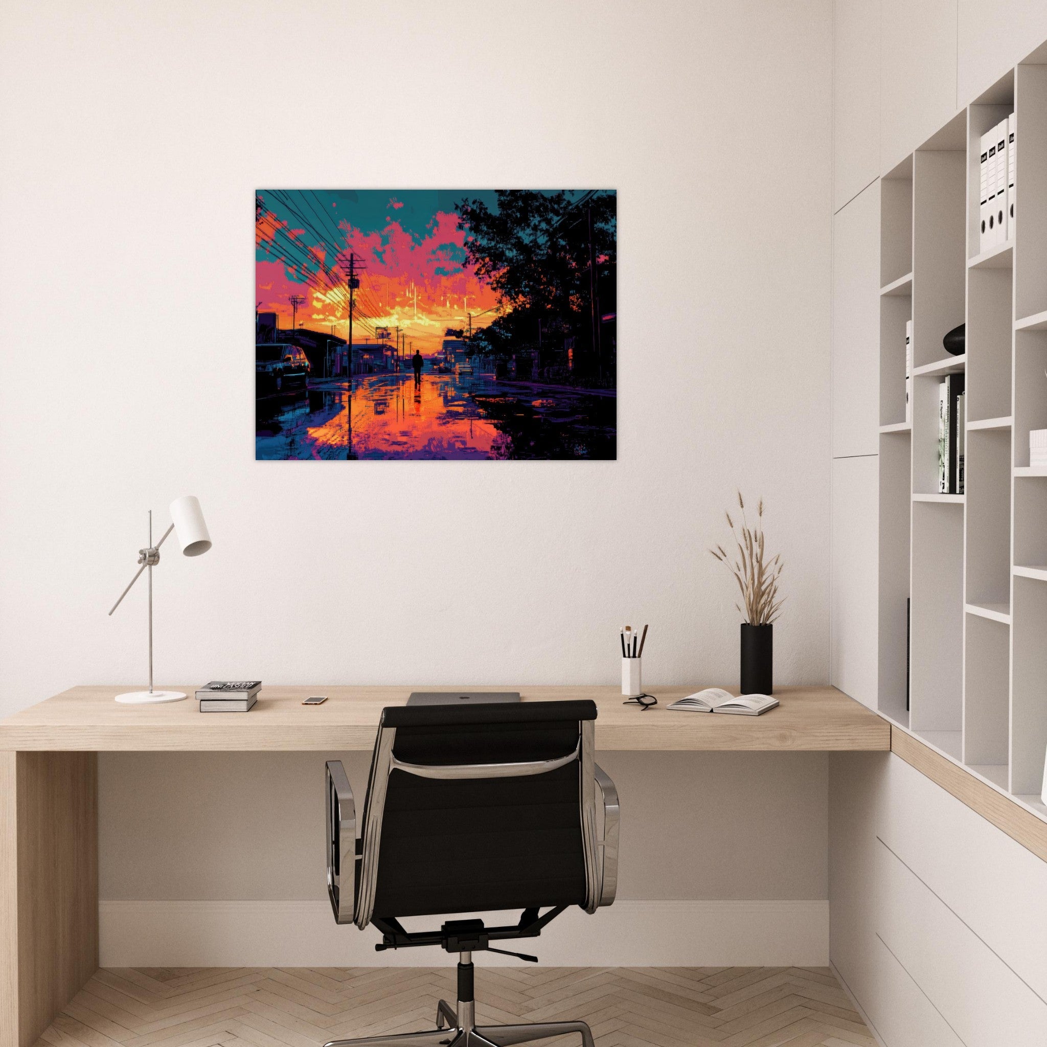 Fine Art Poster Landscape - A city where neon lights create impossible rifle 3 - Shop Ai Art WebShop - Digital Art online Store