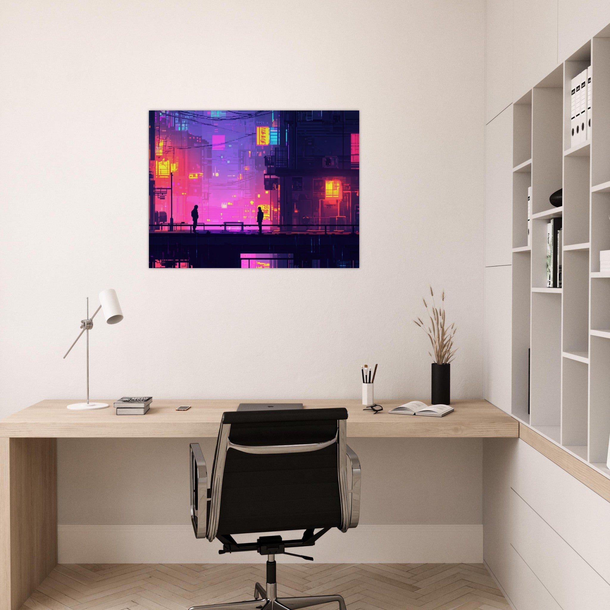 Fine Art Poster Landscape - A city where neon lights create impossible rifle 5 - Shop Ai Art WebShop - Digital Art online Store