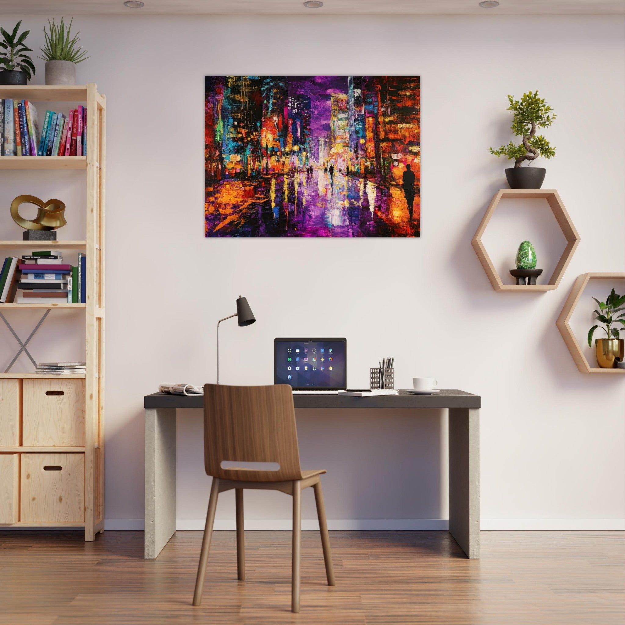 Fine Art Poster Landscape - A cityscape bathed in the dim glow of streetligh - Shop Ai Art WebShop - Digital Art online Store