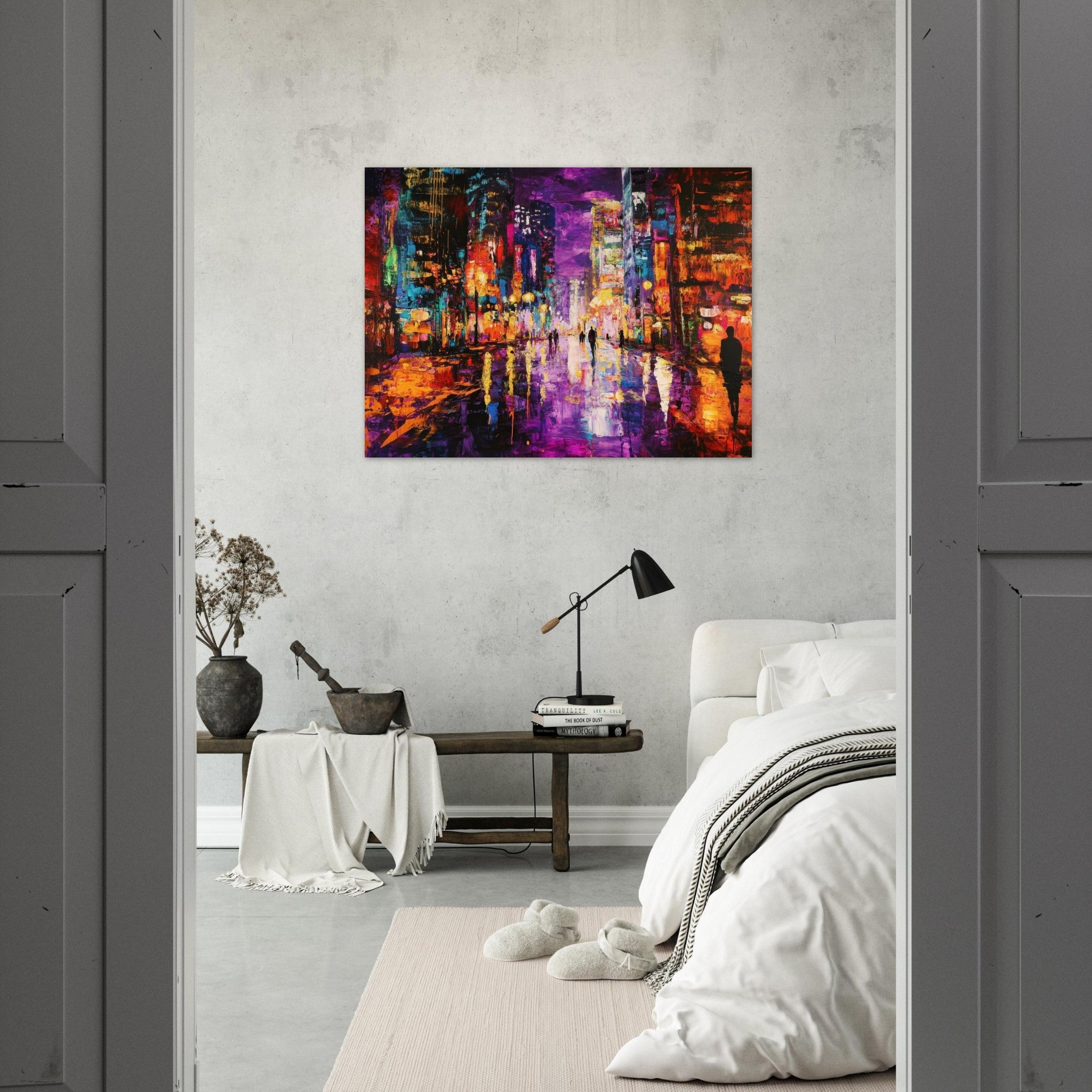 Fine Art Poster Landscape - A cityscape bathed in the dim glow of streetligh - Shop Ai Art WebShop - Digital Art online Store