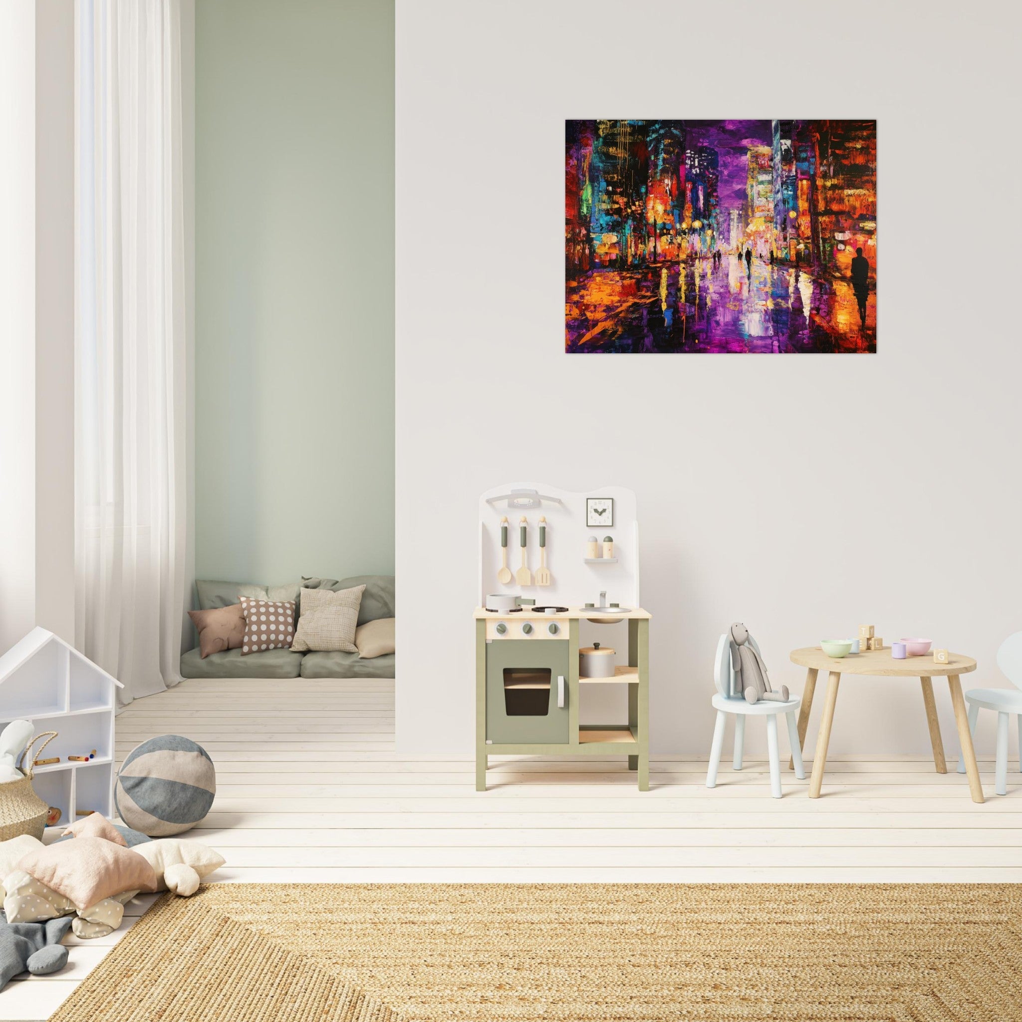 Fine Art Poster Landscape - A cityscape bathed in the dim glow of streetligh - Shop Ai Art WebShop - Digital Art online Store