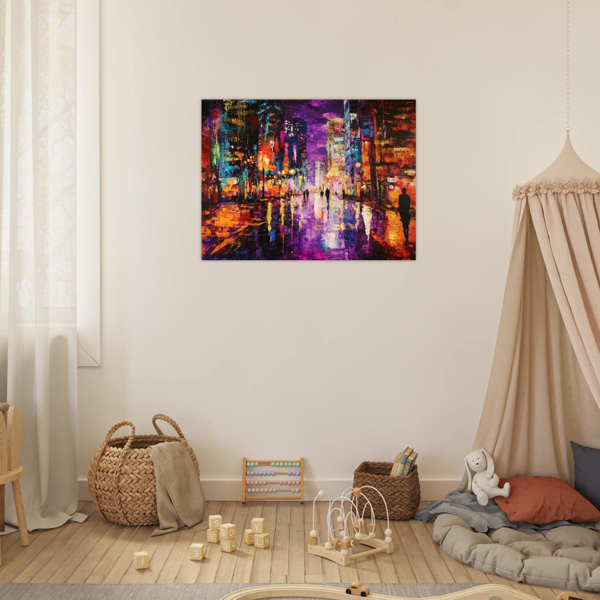 Fine Art Poster Landscape - A cityscape bathed in the dim glow of streetligh - Shop Ai Art WebShop - Digital Art online Store
