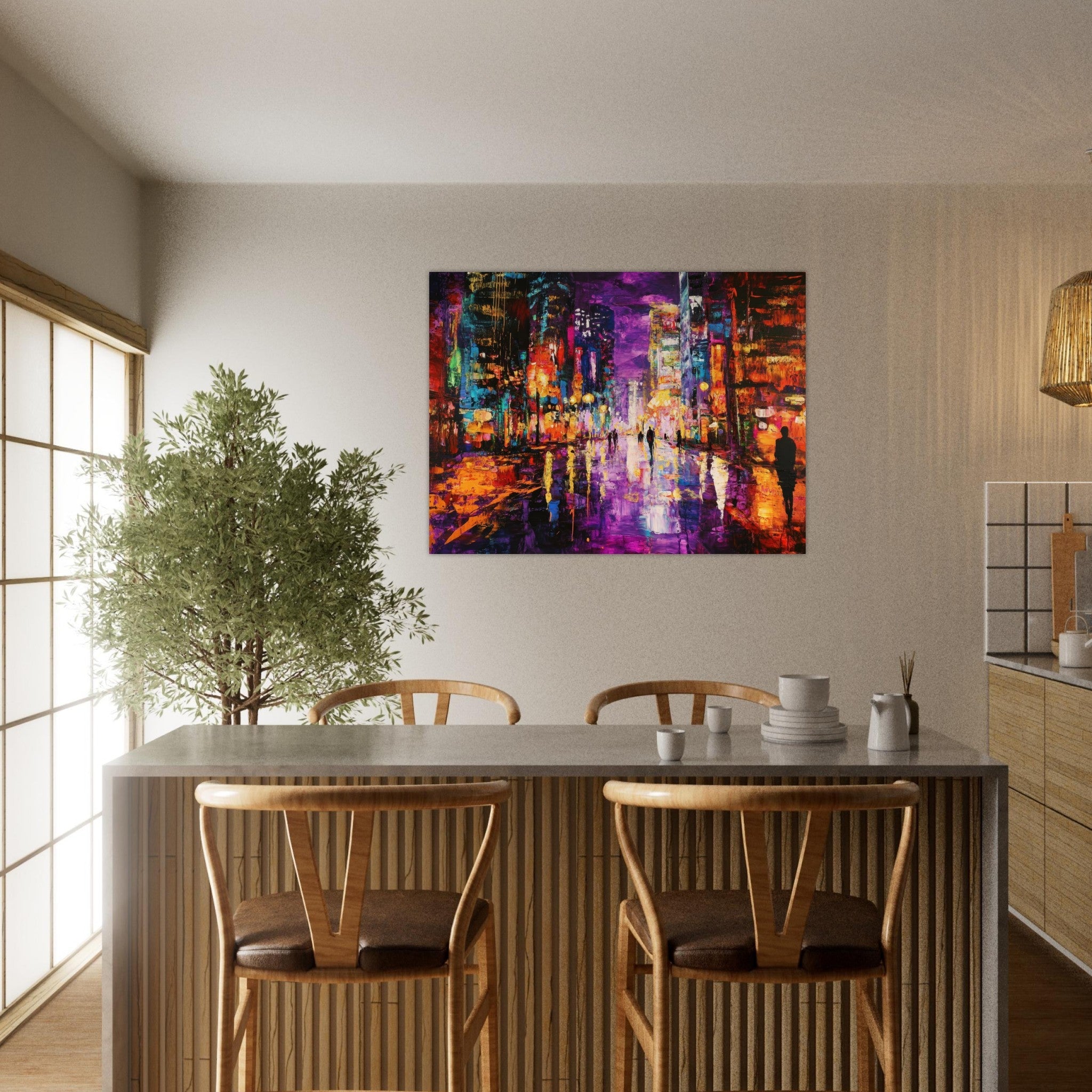 Fine Art Poster Landscape - A cityscape bathed in the dim glow of streetligh - Shop Ai Art WebShop - Digital Art online Store