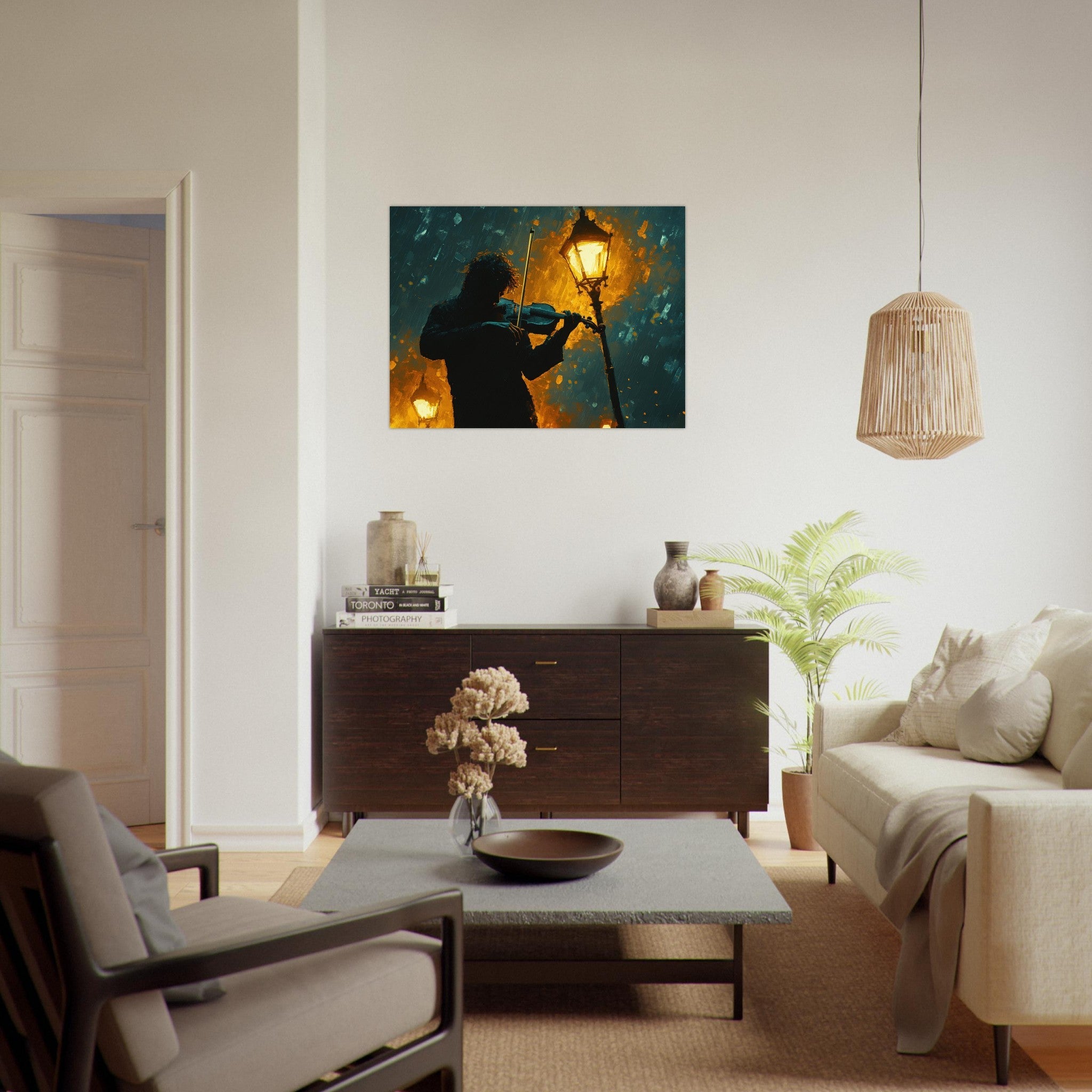 Fine Art Poster Landscape - A lone violinist stands beneath a flickering sir - Shop Ai Art WebShop - Digital Art online Store