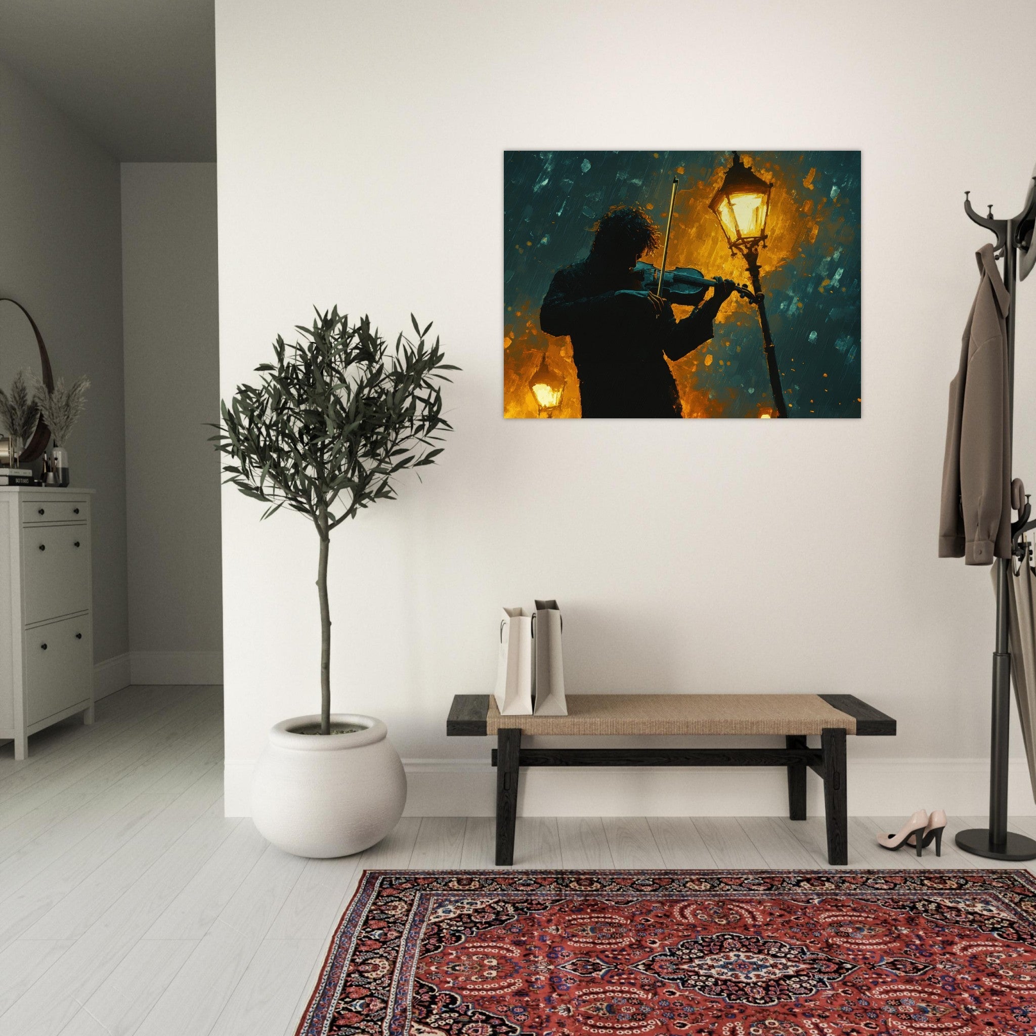 Fine Art Poster Landscape - A lone violinist stands beneath a flickering sir - Shop Ai Art WebShop - Digital Art online Store