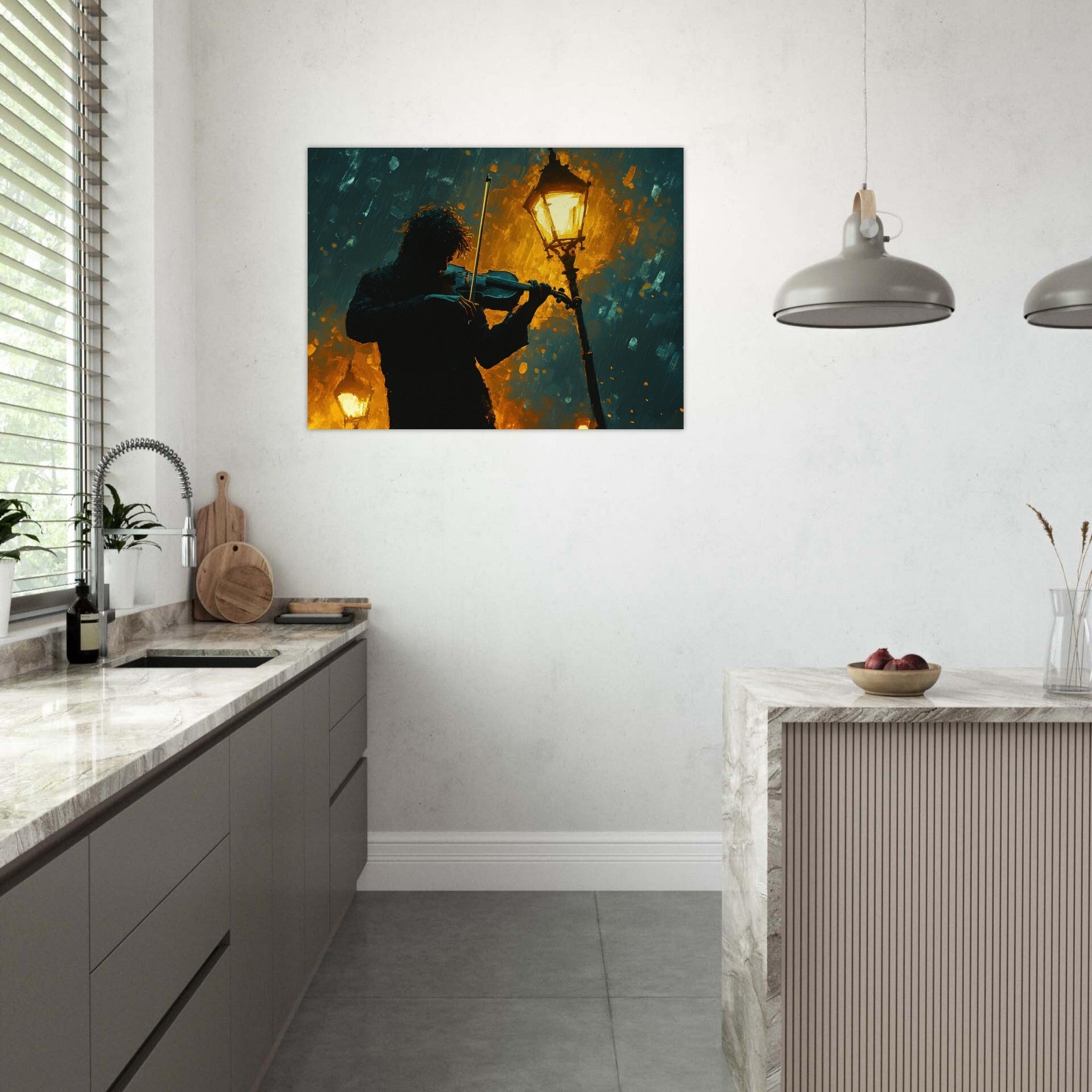 Fine Art Poster Landscape - A lone violinist stands beneath a flickering sir - Shop Ai Art WebShop - Digital Art online Store