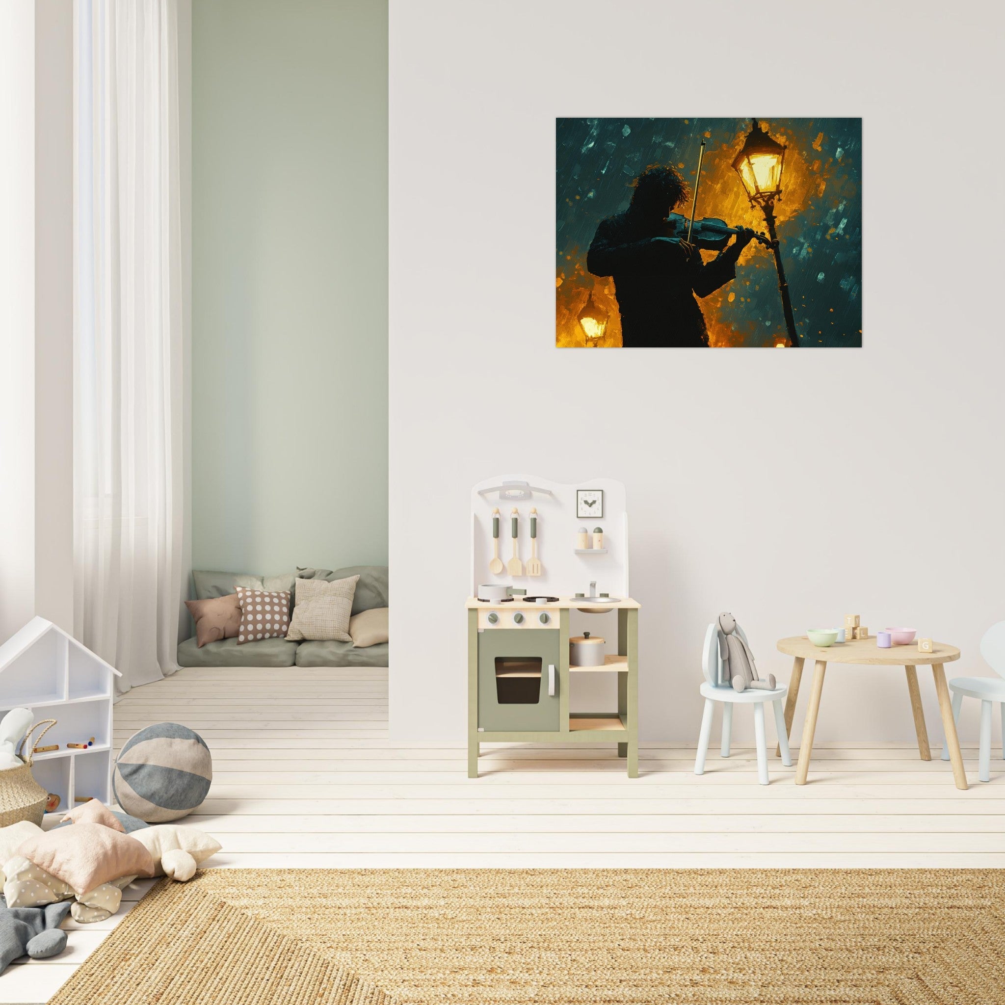 Fine Art Poster Landscape - A lone violinist stands beneath a flickering sir - Shop Ai Art WebShop - Digital Art online Store