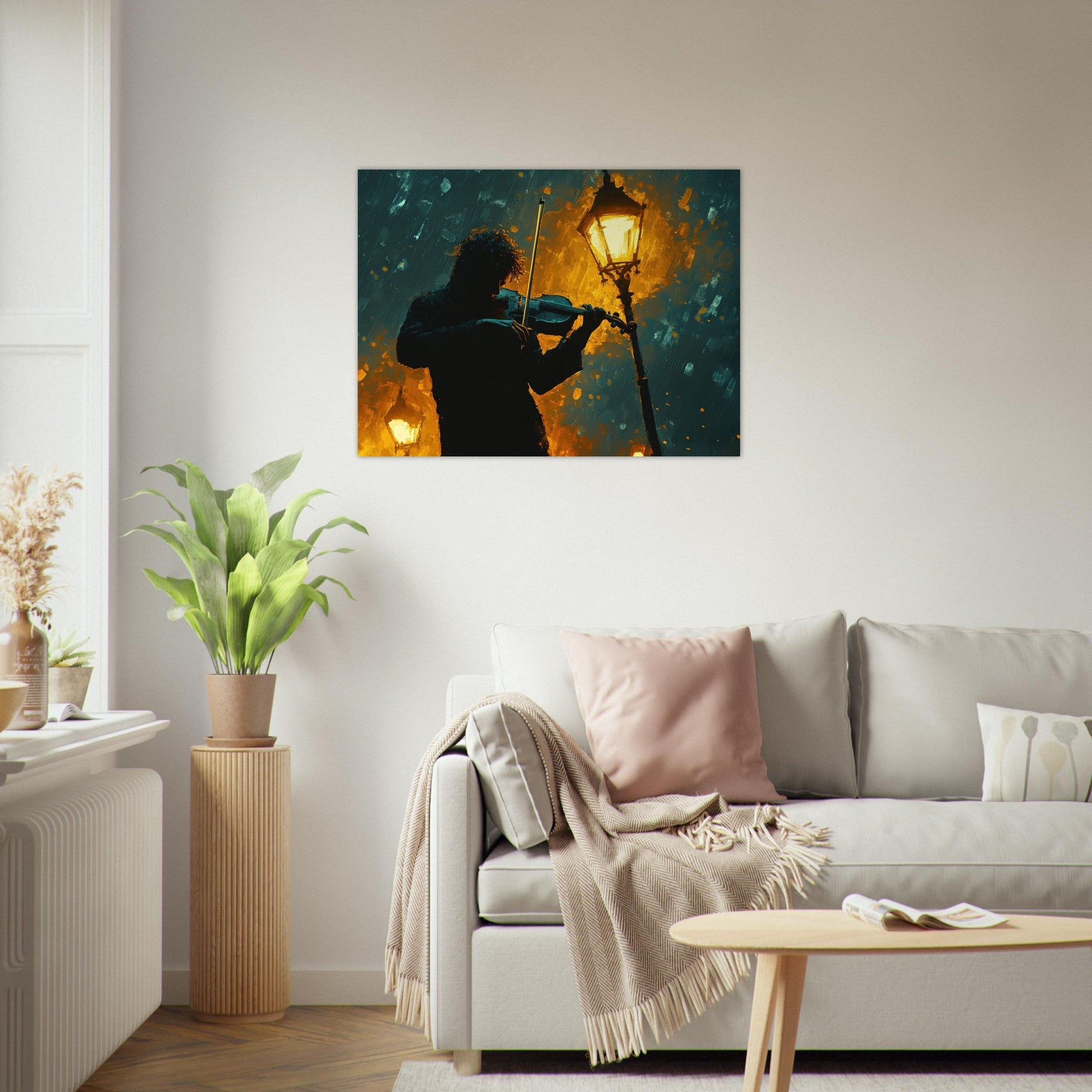Fine Art Poster Landscape - A lone violinist stands beneath a flickering sir - Shop Ai Art WebShop - Digital Art online Store