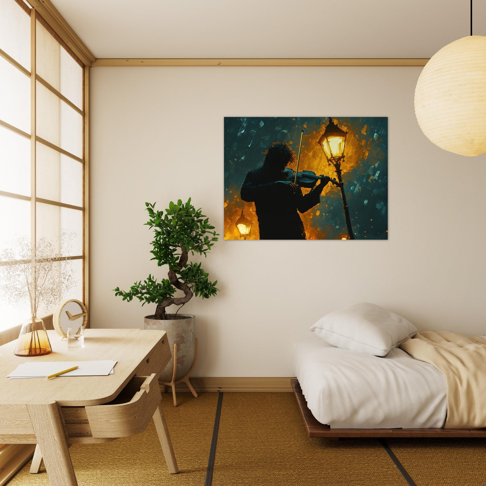 Fine Art Poster Landscape - A lone violinist stands beneath a flickering sir - Shop Ai Art WebShop - Digital Art online Store