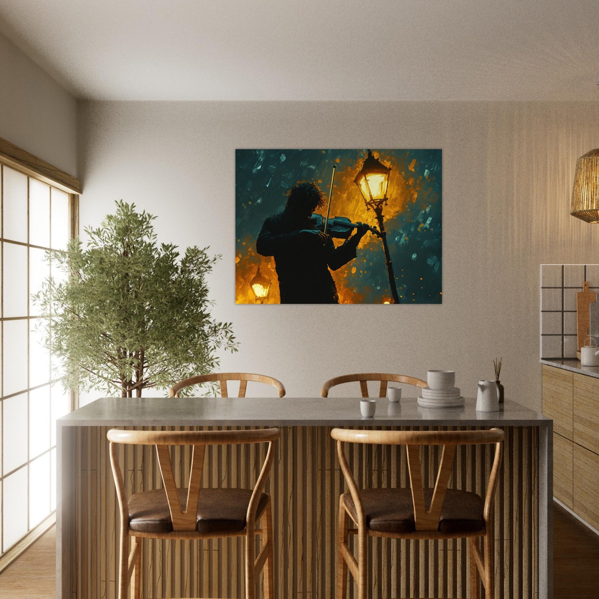 Fine Art Poster Landscape - A lone violinist stands beneath a flickering sir - Shop Ai Art WebShop - Digital Art online Store