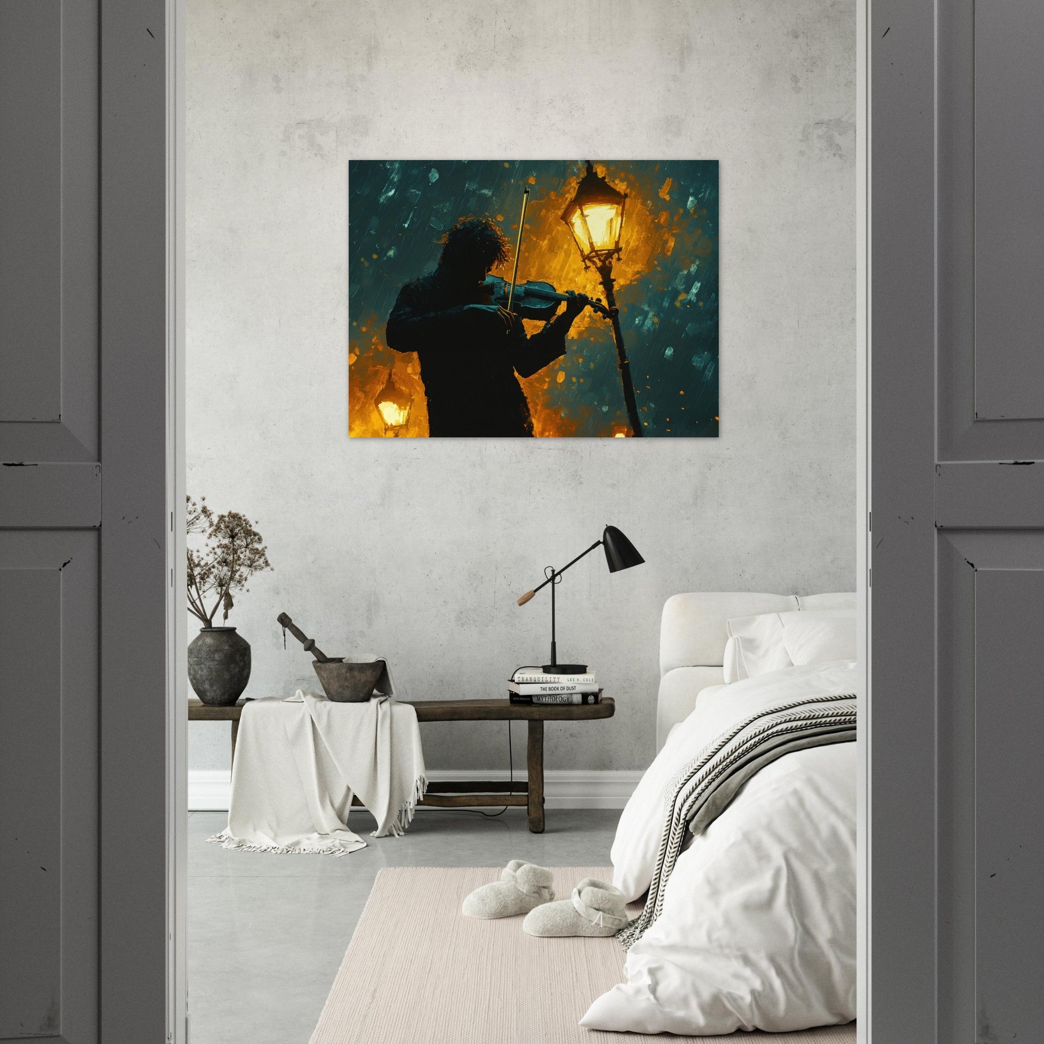 Fine Art Poster Landscape - A lone violinist stands beneath a flickering sir - Shop Ai Art WebShop - Digital Art online Store
