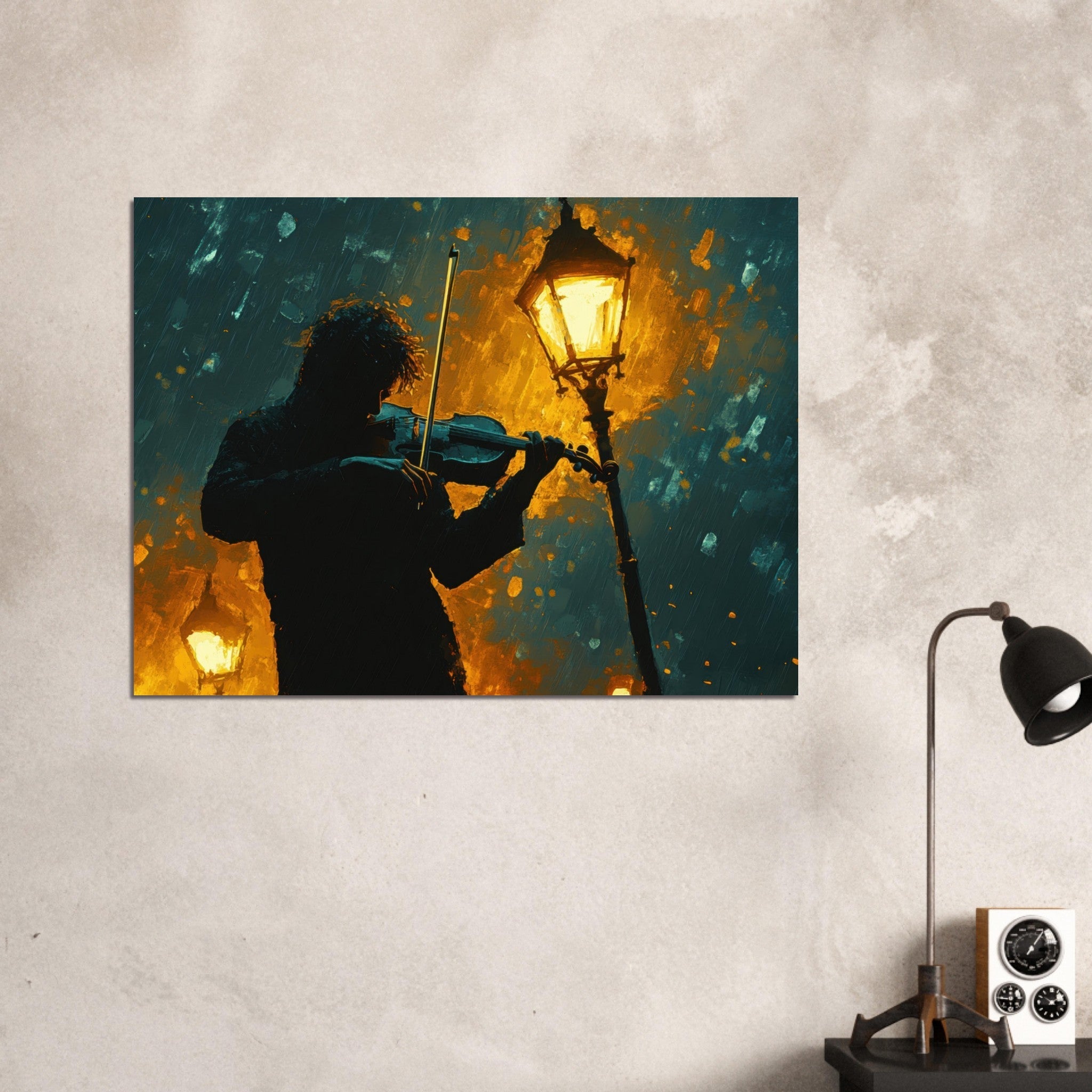 Fine Art Poster Landscape - A lone violinist stands beneath a flickering sir - Shop Ai Art WebShop - Digital Art online Store