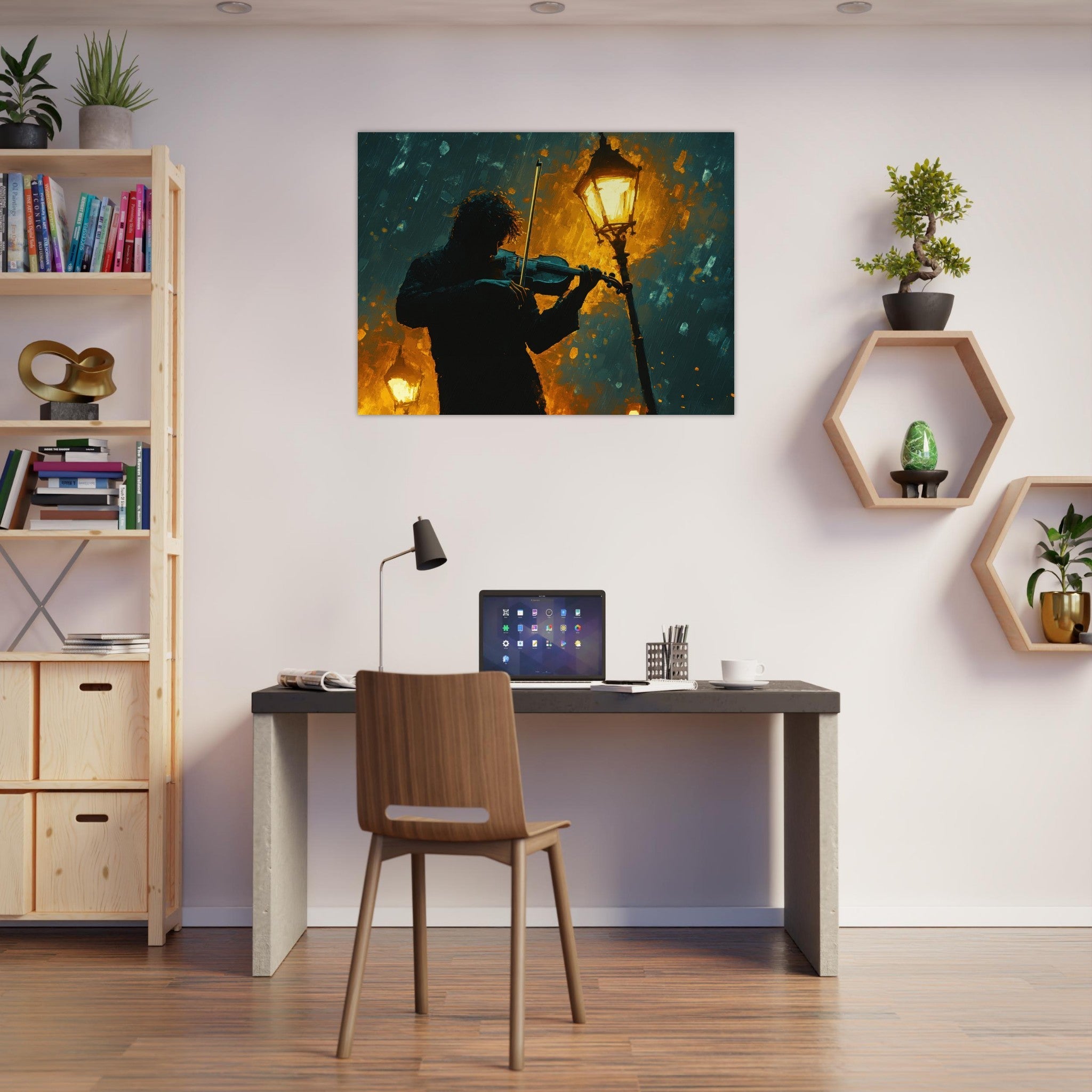 Fine Art Poster Landscape - A lone violinist stands beneath a flickering sir - Shop Ai Art WebShop - Digital Art online Store