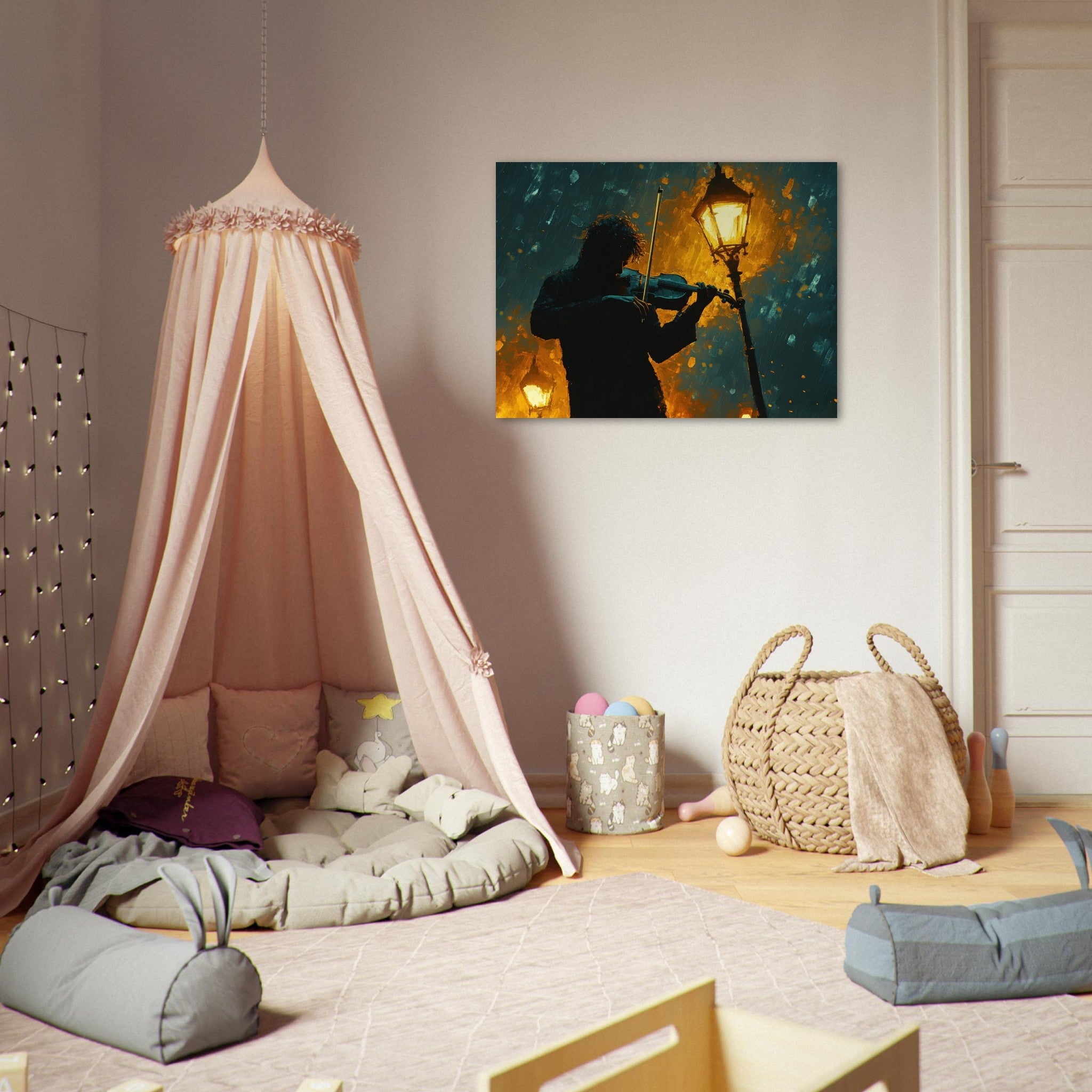 Fine Art Poster Landscape - A lone violinist stands beneath a flickering sir - Shop Ai Art WebShop - Digital Art online Store