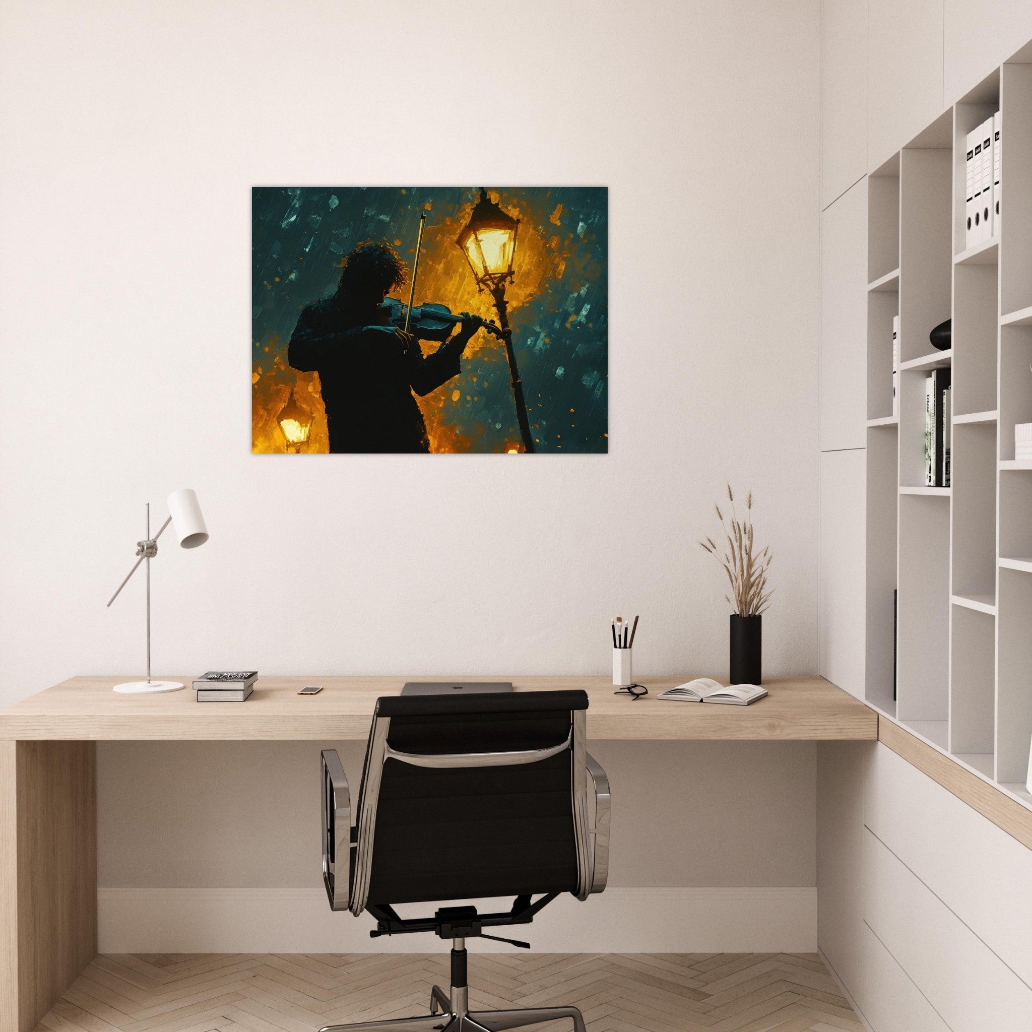 Fine Art Poster Landscape - A lone violinist stands beneath a flickering sir - Shop Ai Art WebShop - Digital Art online Store