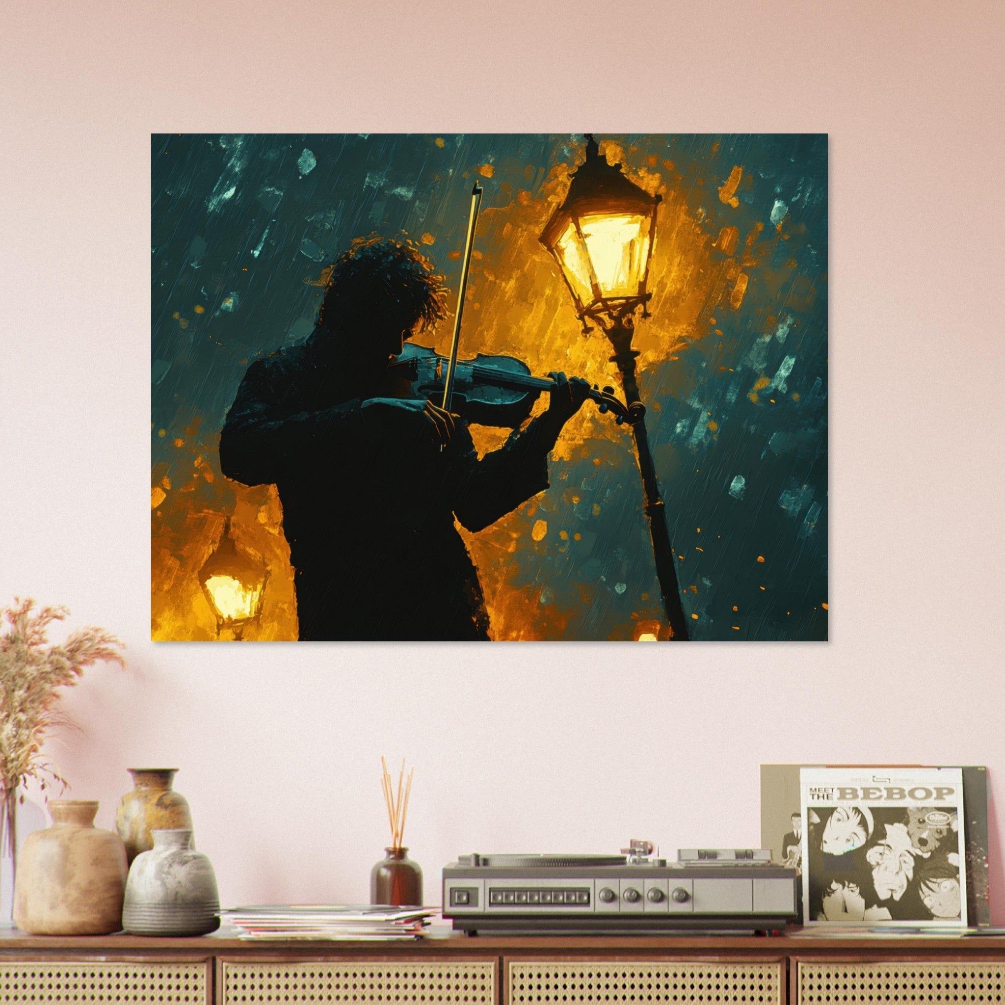 Fine Art Poster Landscape - A lone violinist stands beneath a flickering sir - Shop Ai Art WebShop - Digital Art online Store