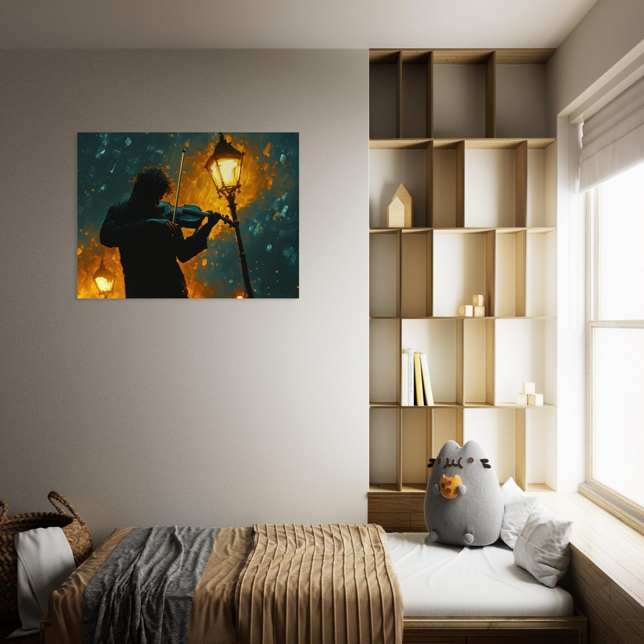 Fine Art Poster Landscape - A lone violinist stands beneath a flickering sir - Shop Ai Art WebShop - Digital Art online Store