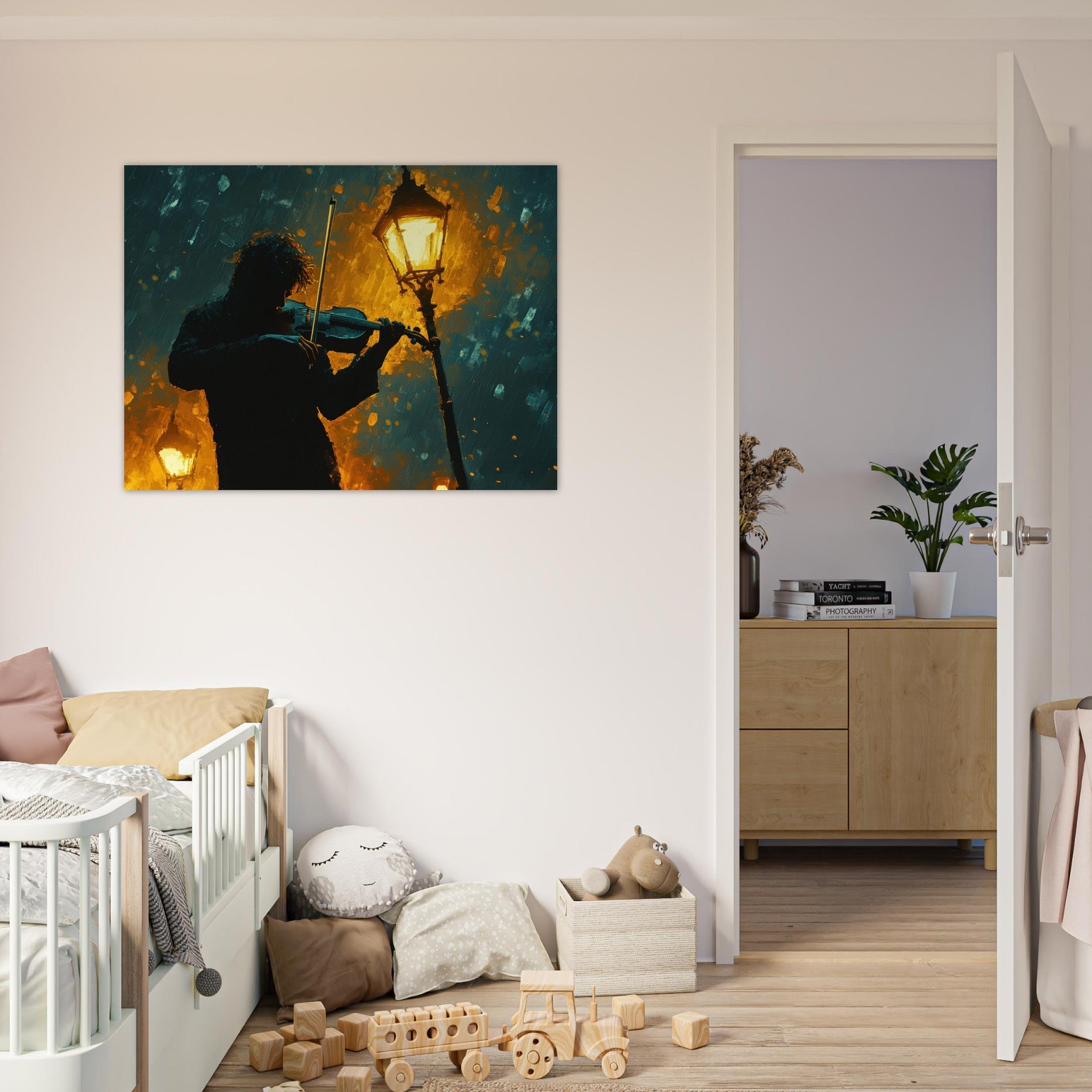 Fine Art Poster Landscape - A lone violinist stands beneath a flickering sir - Shop Ai Art WebShop - Digital Art online Store