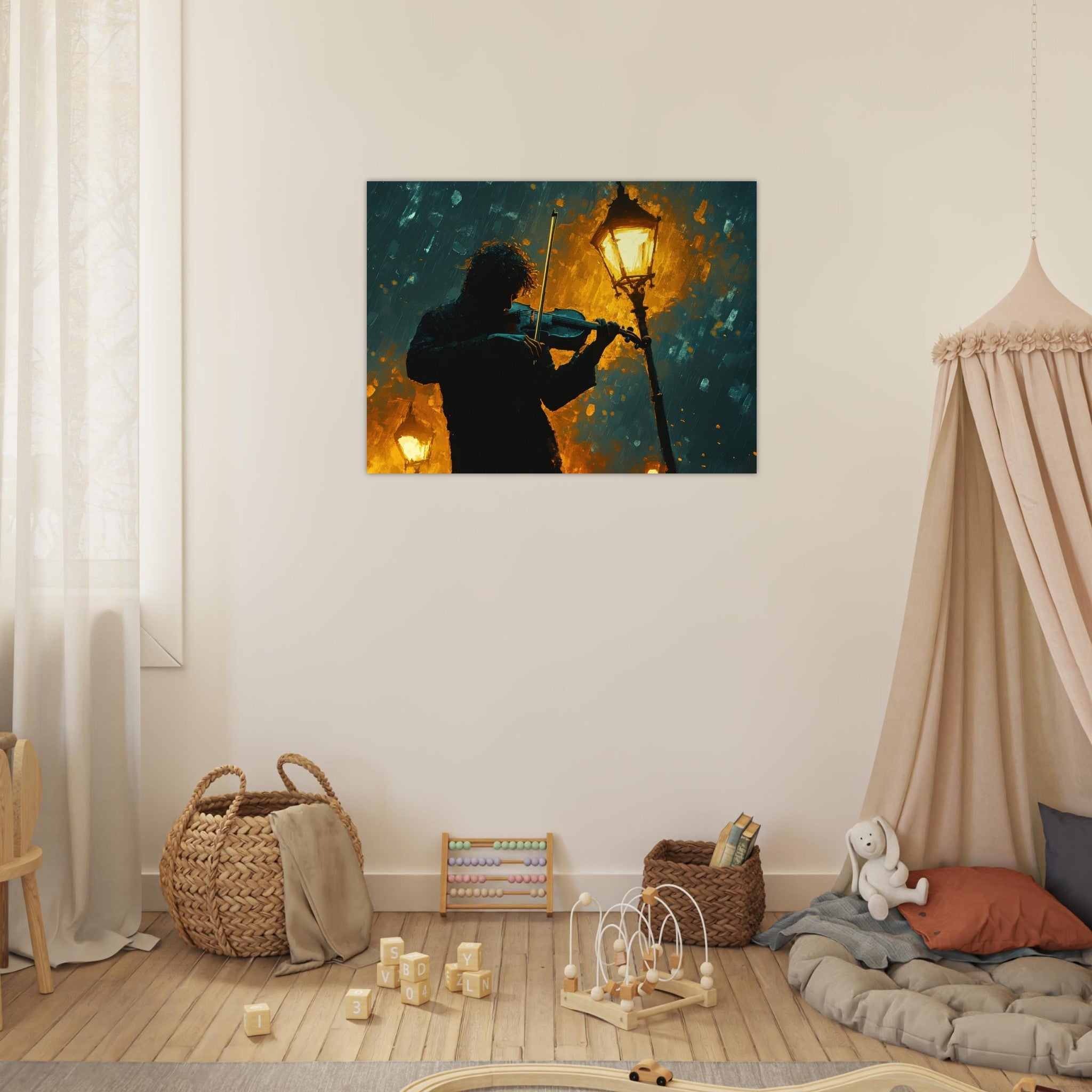 Fine Art Poster Landscape - A lone violinist stands beneath a flickering sir - Shop Ai Art WebShop - Digital Art online Store