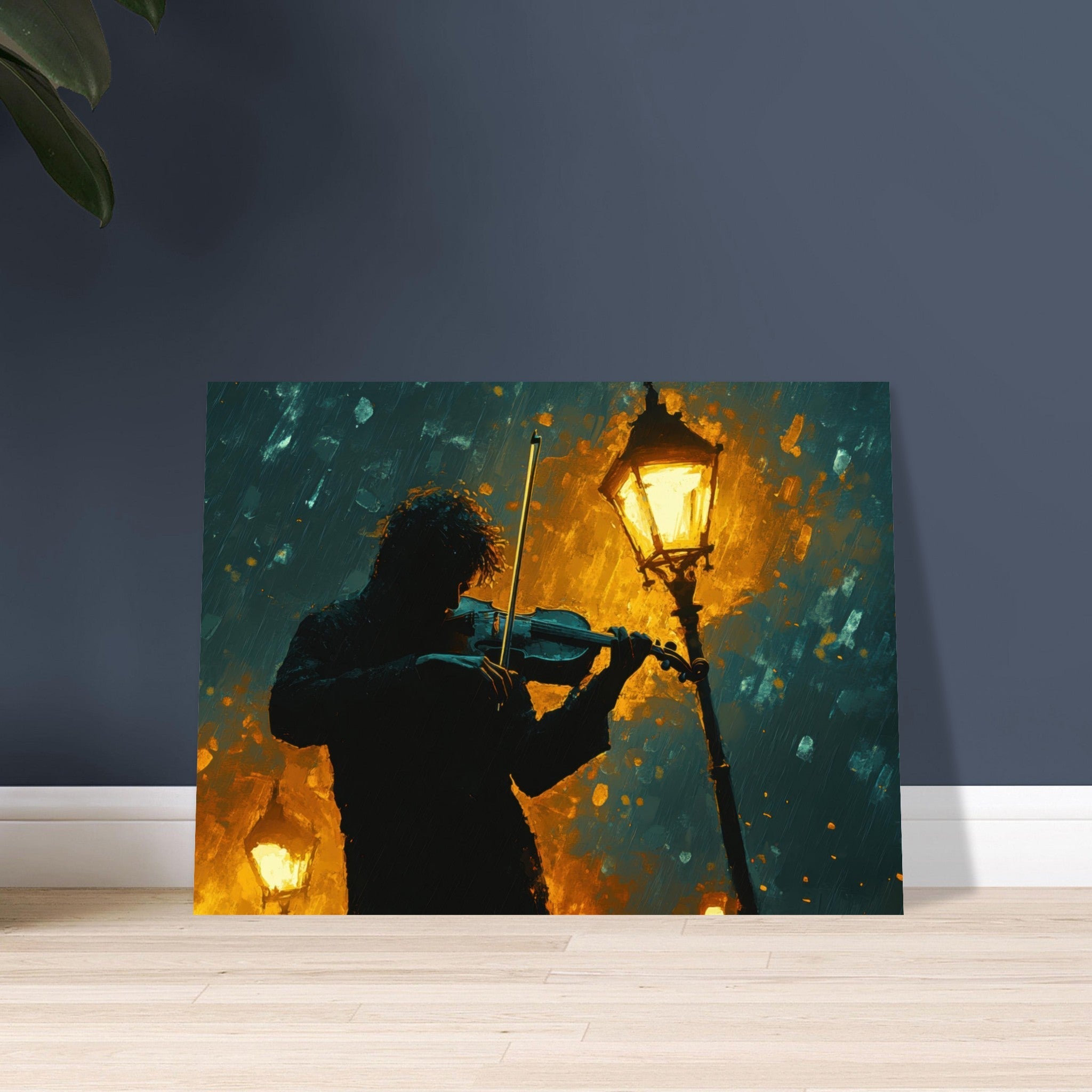 Fine Art Poster Landscape - A lone violinist stands beneath a flickering sir - Shop Ai Art WebShop - Digital Art online Store