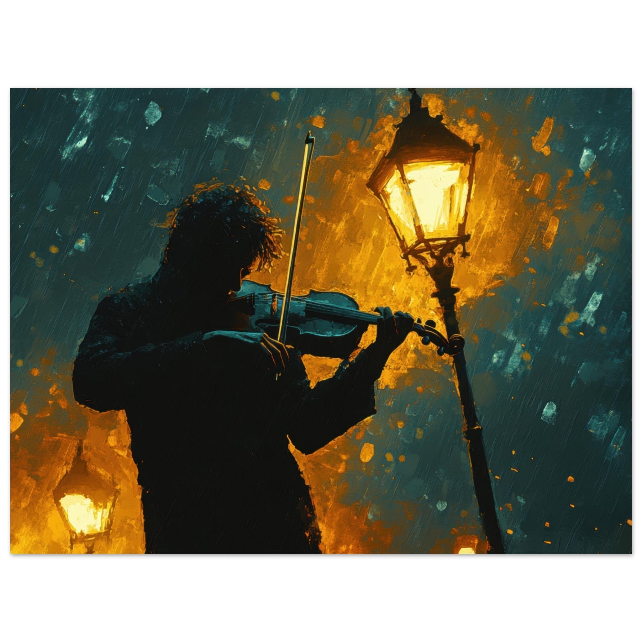 Fine Art Poster Landscape - A lone violinist stands beneath a flickering sir - Shop Ai Art WebShop - Digital Art online Store
