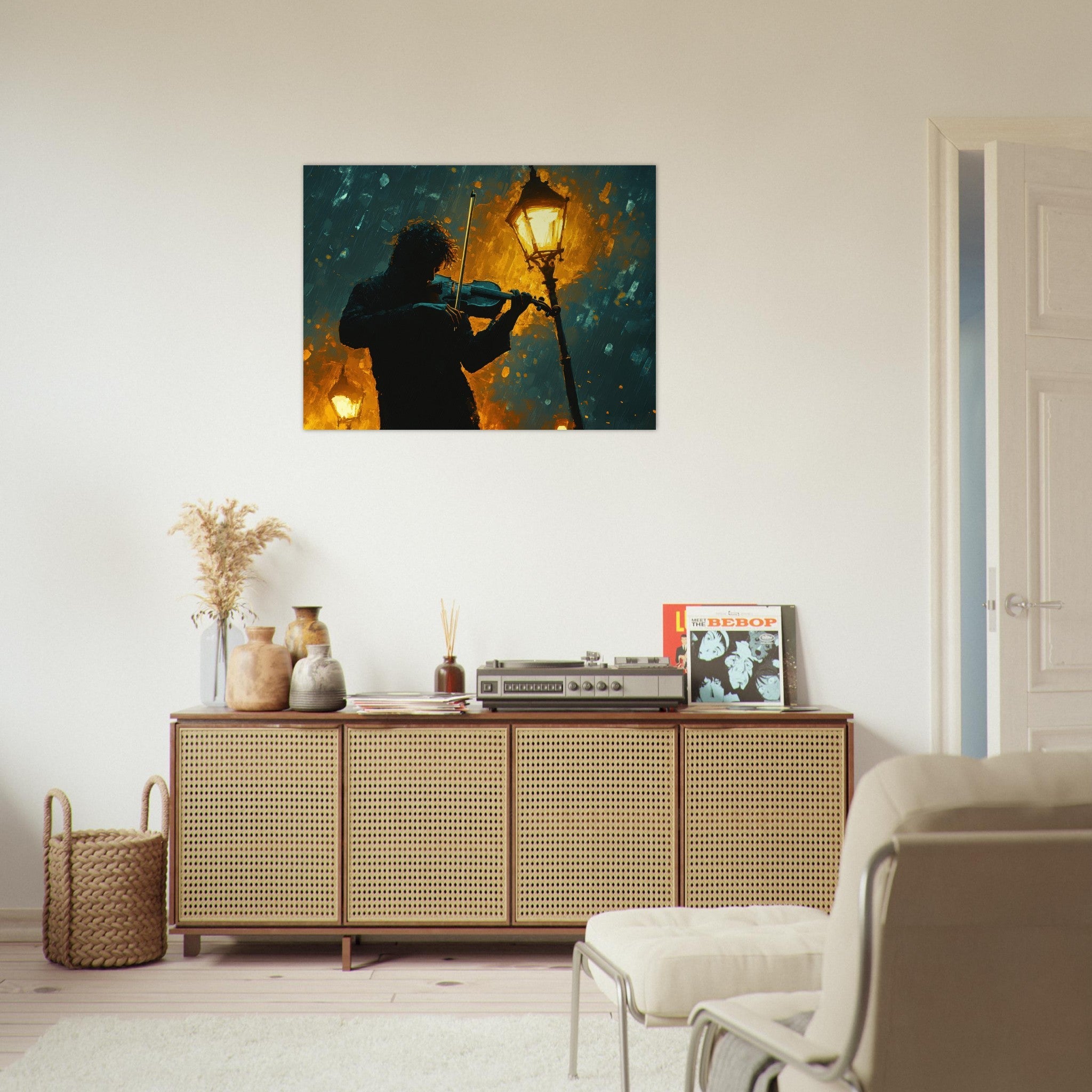 Fine Art Poster Landscape - A lone violinist stands beneath a flickering sir - Shop Ai Art WebShop - Digital Art online Store