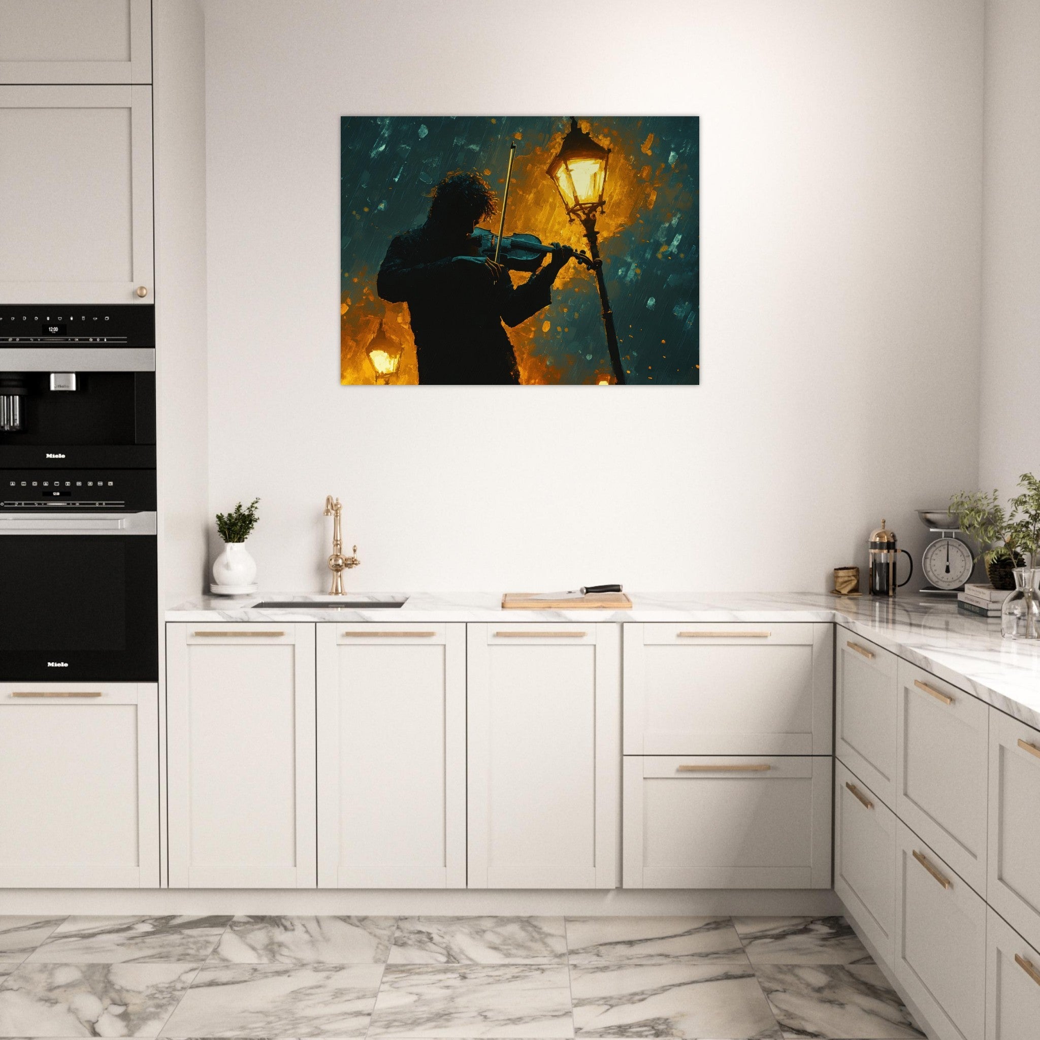 Fine Art Poster Landscape - A lone violinist stands beneath a flickering sir - Shop Ai Art WebShop - Digital Art online Store