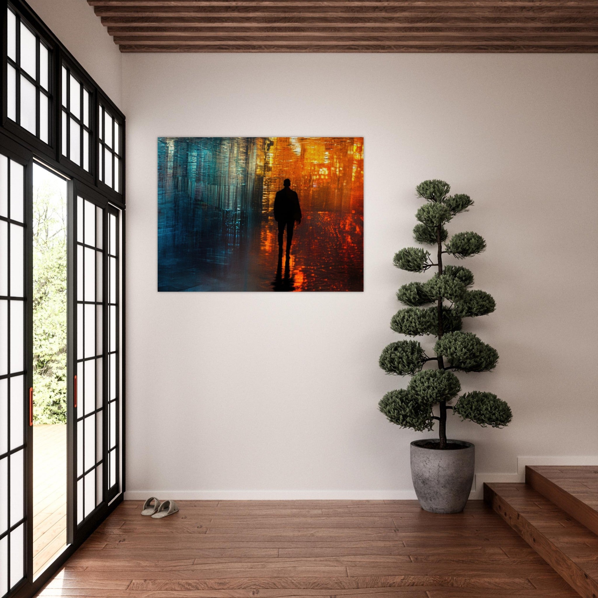 Fine Art Poster Landscape - A lonely figure walks the rain - drenched streets - Shop Ai Art WebShop - Digital Art online Store