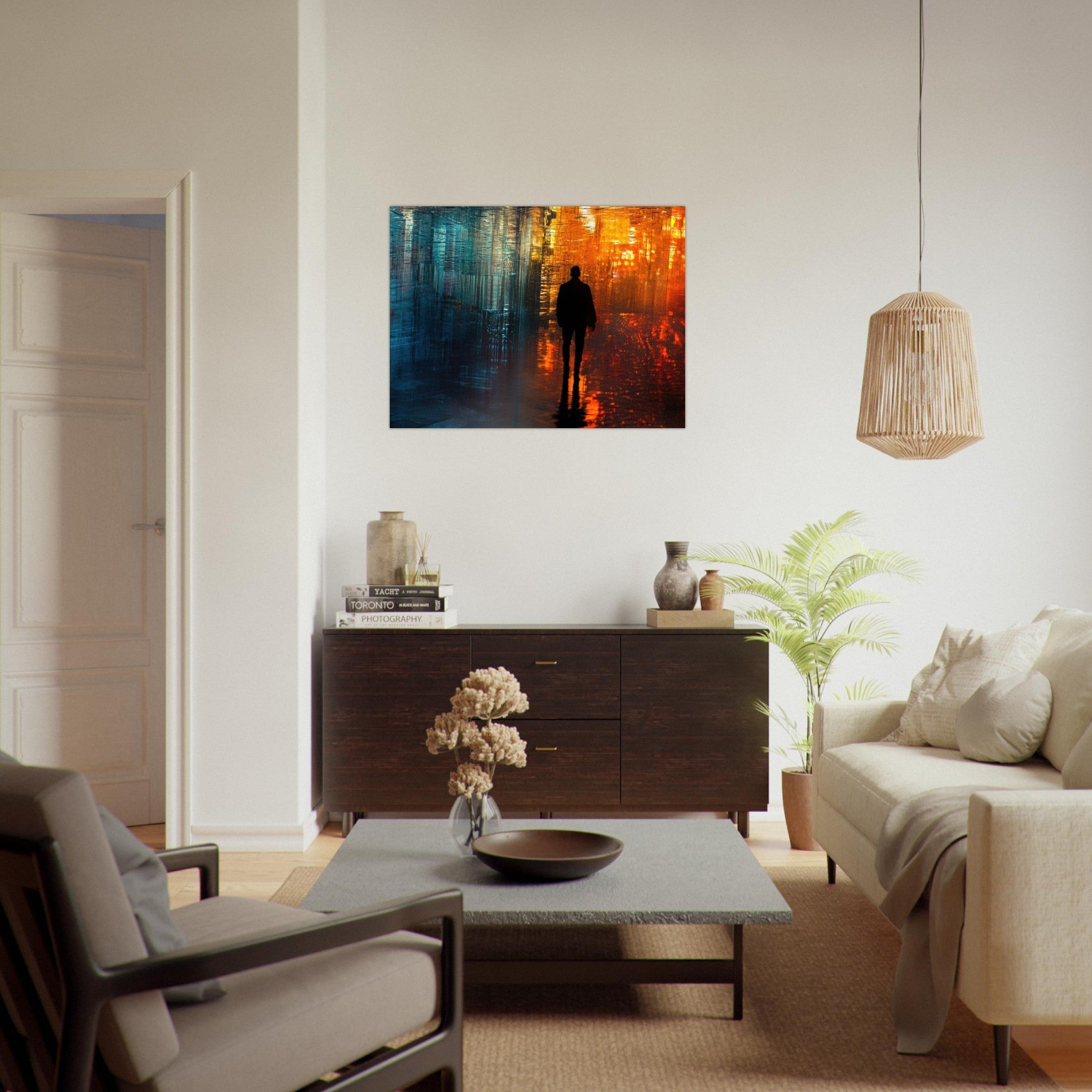 Fine Art Poster Landscape - A lonely figure walks the rain - drenched streets - Shop Ai Art WebShop - Digital Art online Store