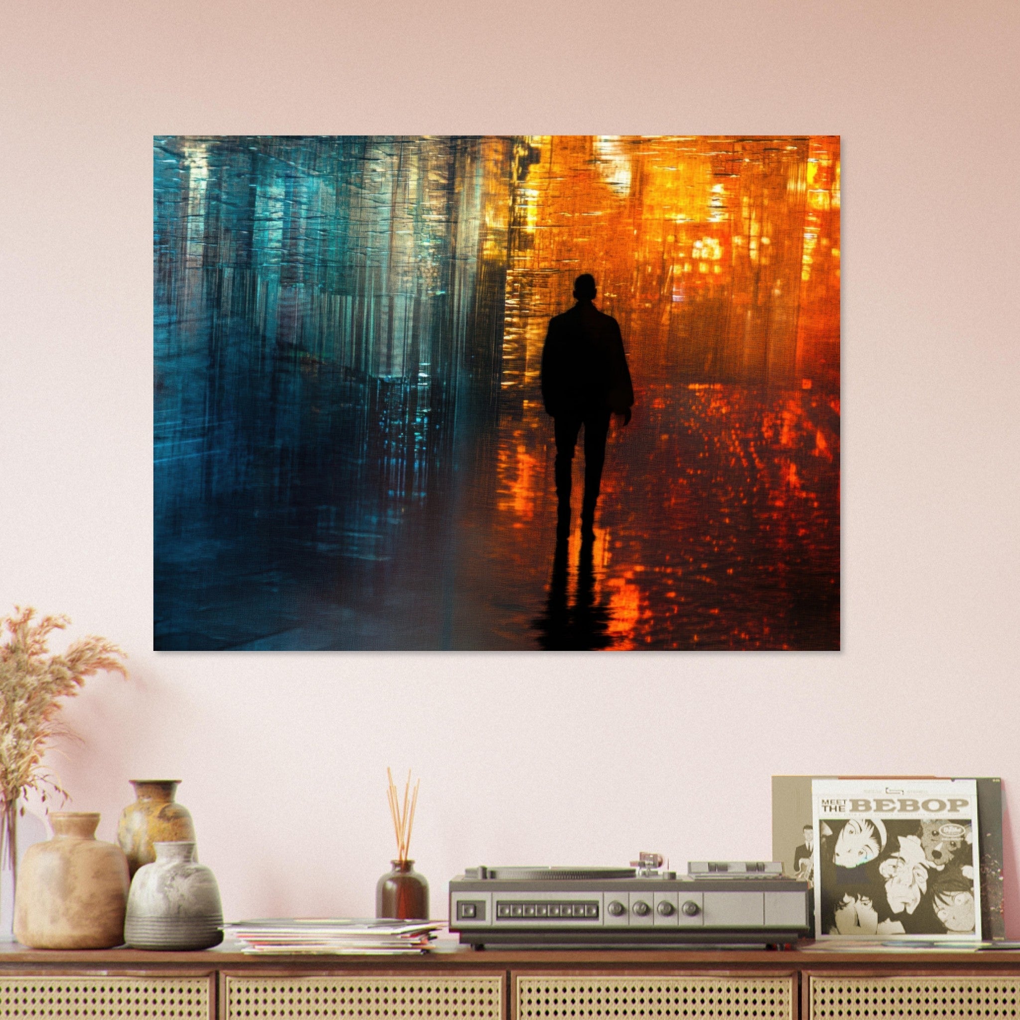 Fine Art Poster Landscape - A lonely figure walks the rain - drenched streets - Shop Ai Art WebShop - Digital Art online Store