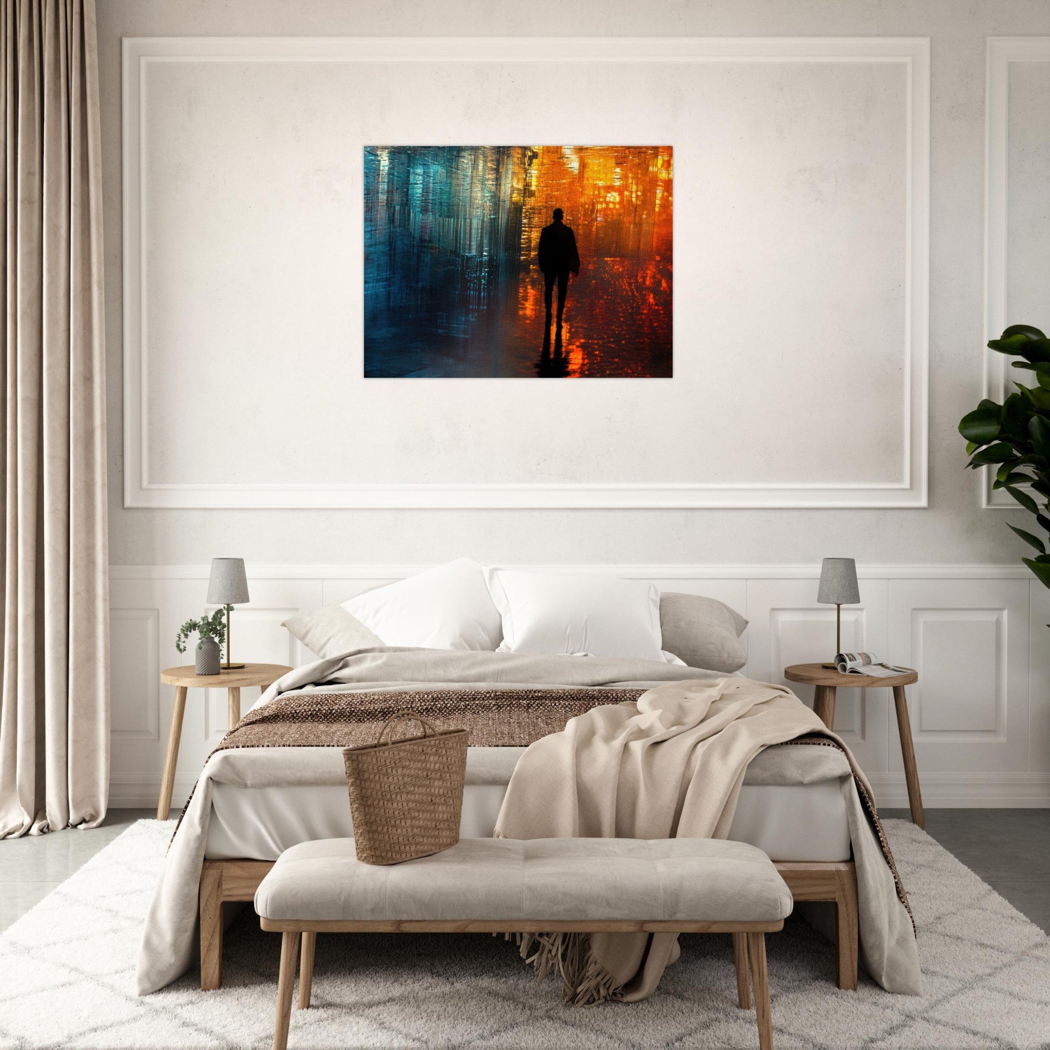 Fine Art Poster Landscape - A lonely figure walks the rain - drenched streets - Shop Ai Art WebShop - Digital Art online Store