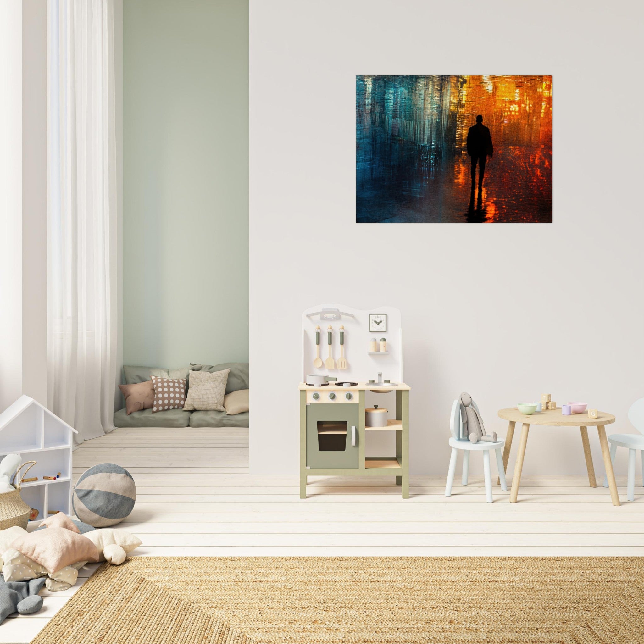 Fine Art Poster Landscape - A lonely figure walks the rain - drenched streets - Shop Ai Art WebShop - Digital Art online Store