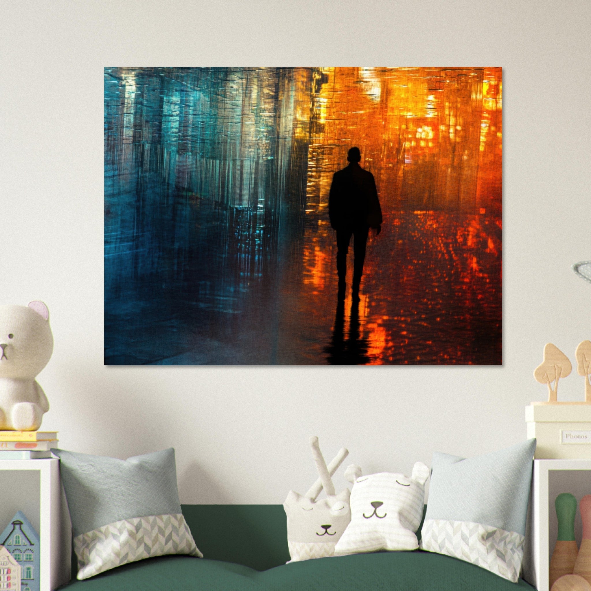 Fine Art Poster Landscape - A lonely figure walks the rain - drenched streets - Shop Ai Art WebShop - Digital Art online Store