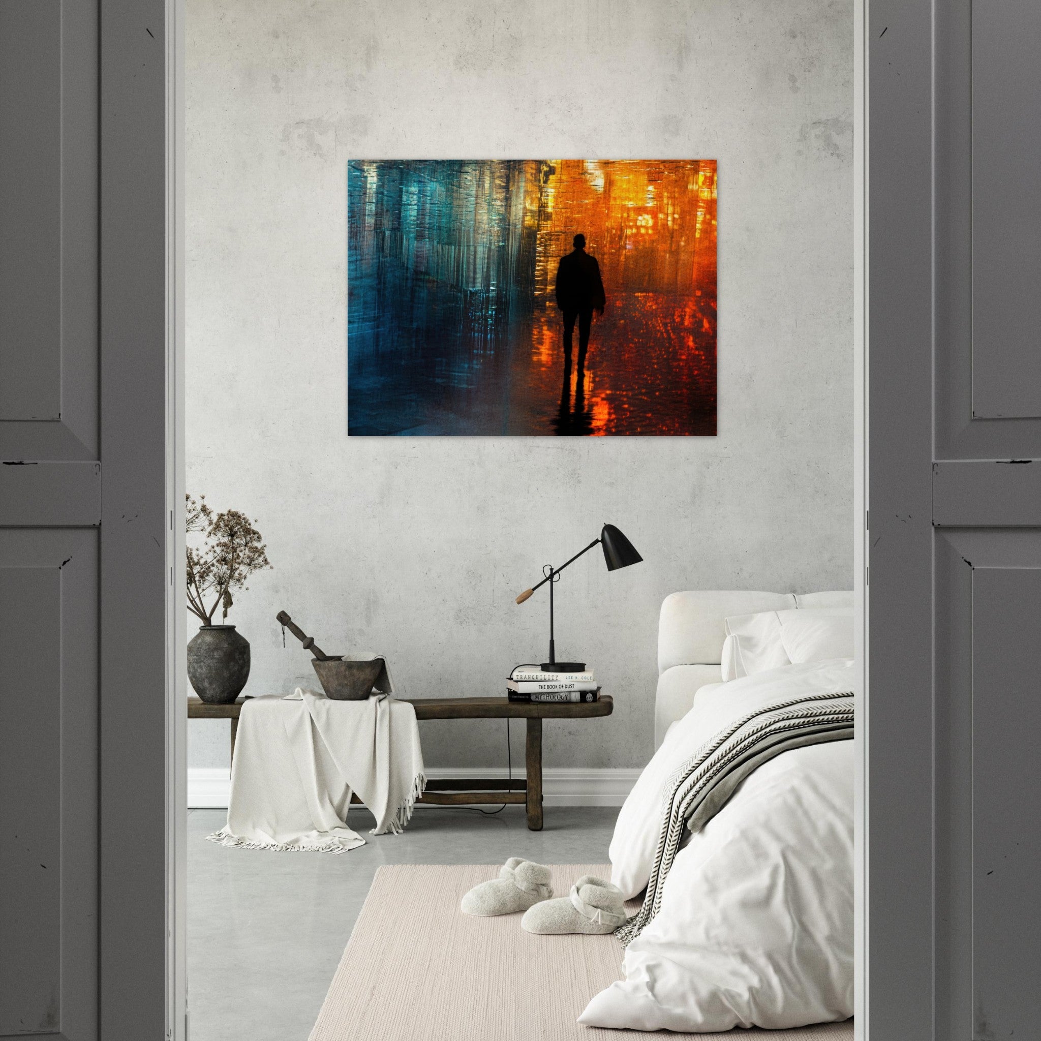 Fine Art Poster Landscape - A lonely figure walks the rain - drenched streets - Shop Ai Art WebShop - Digital Art online Store