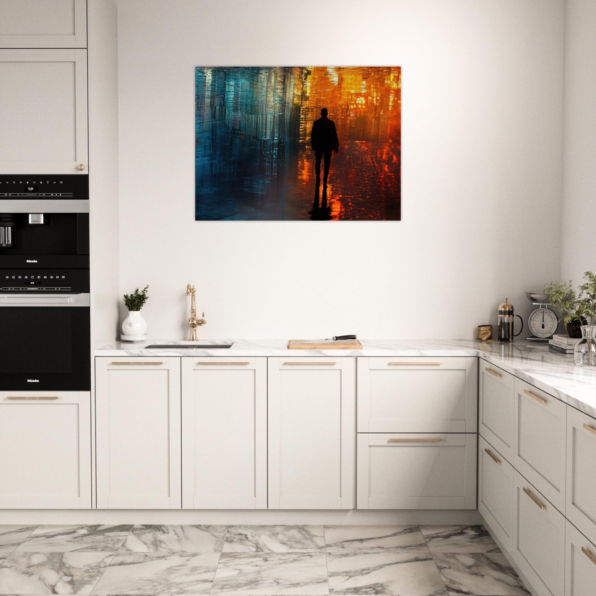 Fine Art Poster Landscape - A lonely figure walks the rain - drenched streets - Shop Ai Art WebShop - Digital Art online Store