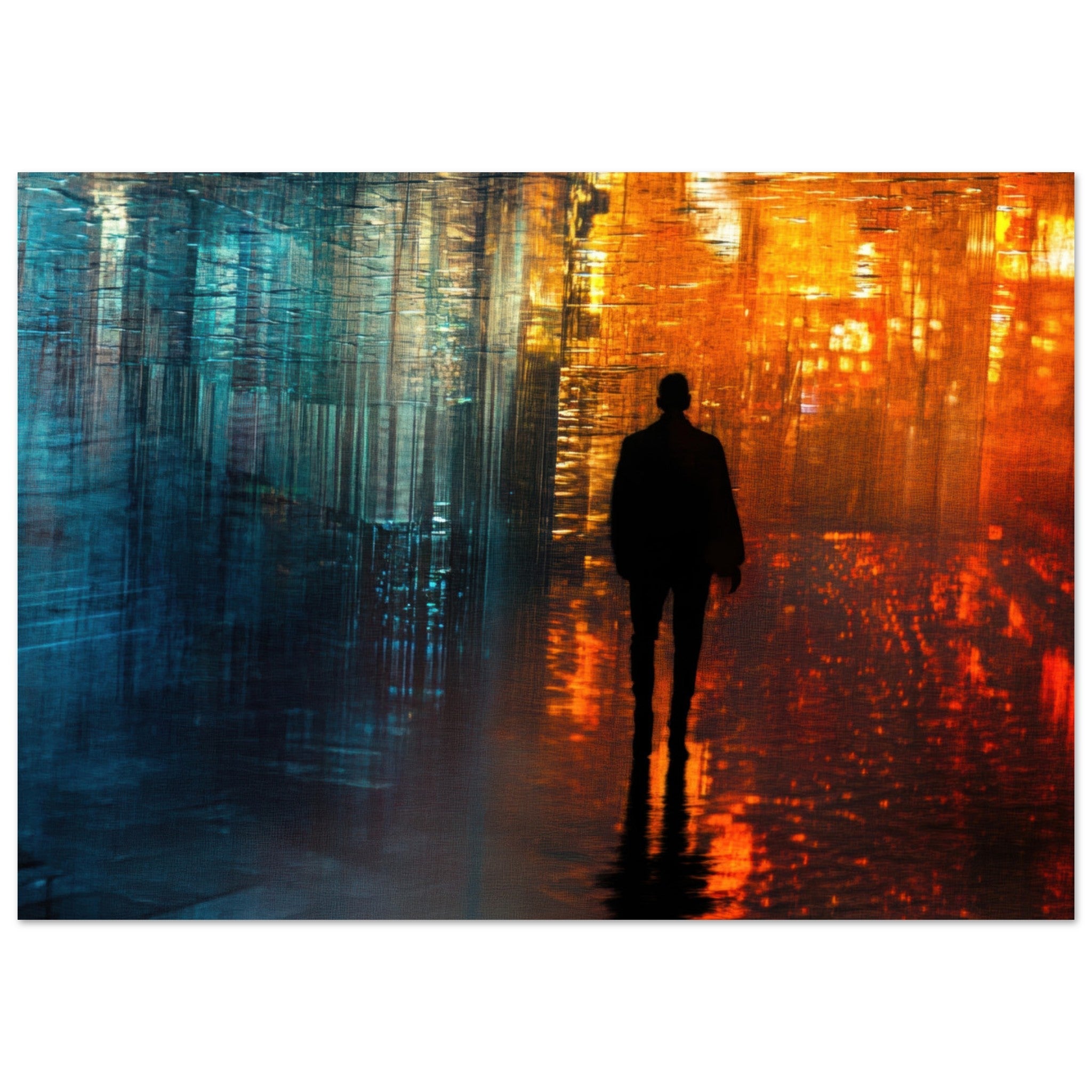 Fine Art Poster Landscape - A lonely figure walks the rain - drenched streets - Shop Ai Art WebShop - Digital Art online Store