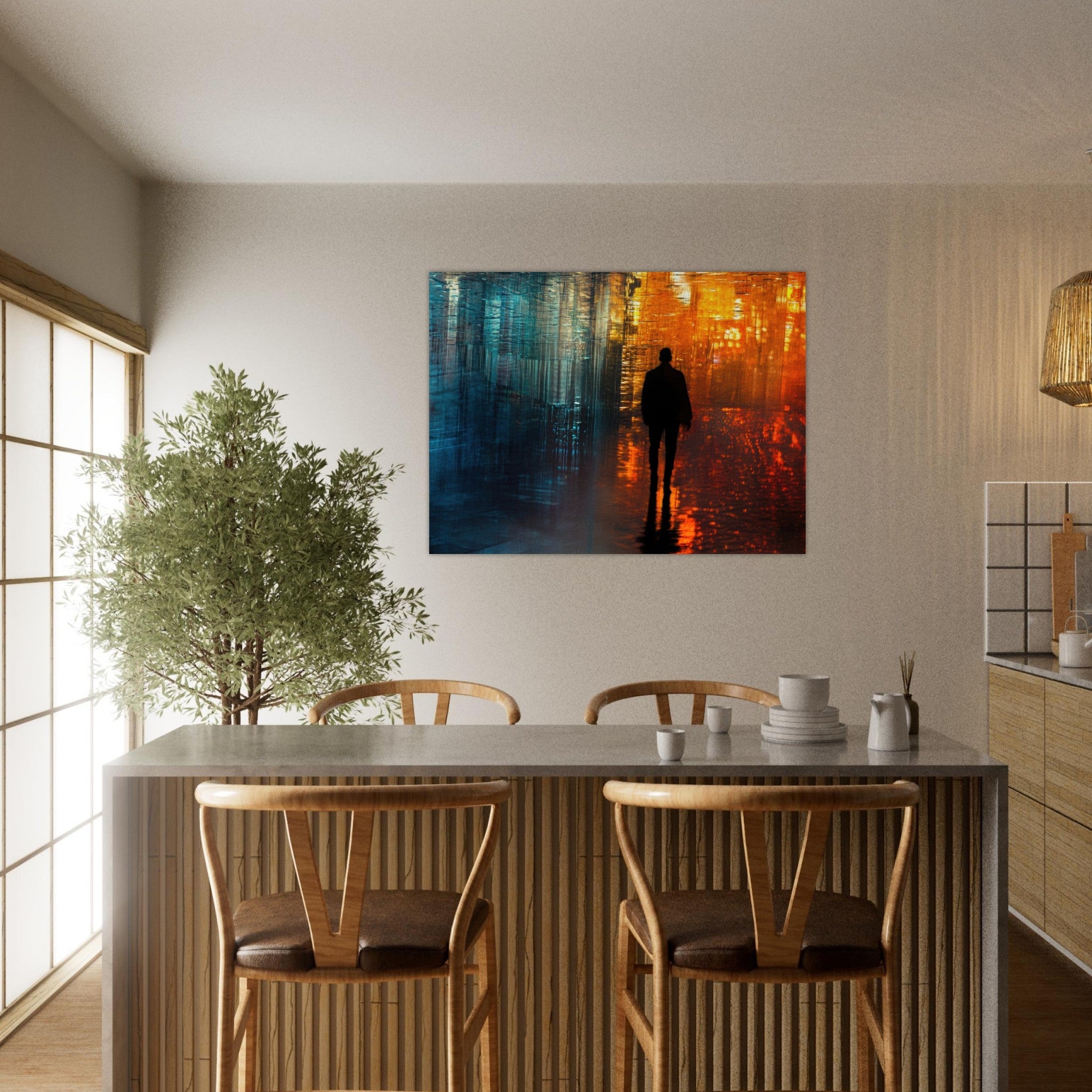 Fine Art Poster Landscape - A lonely figure walks the rain - drenched streets - Shop Ai Art WebShop - Digital Art online Store