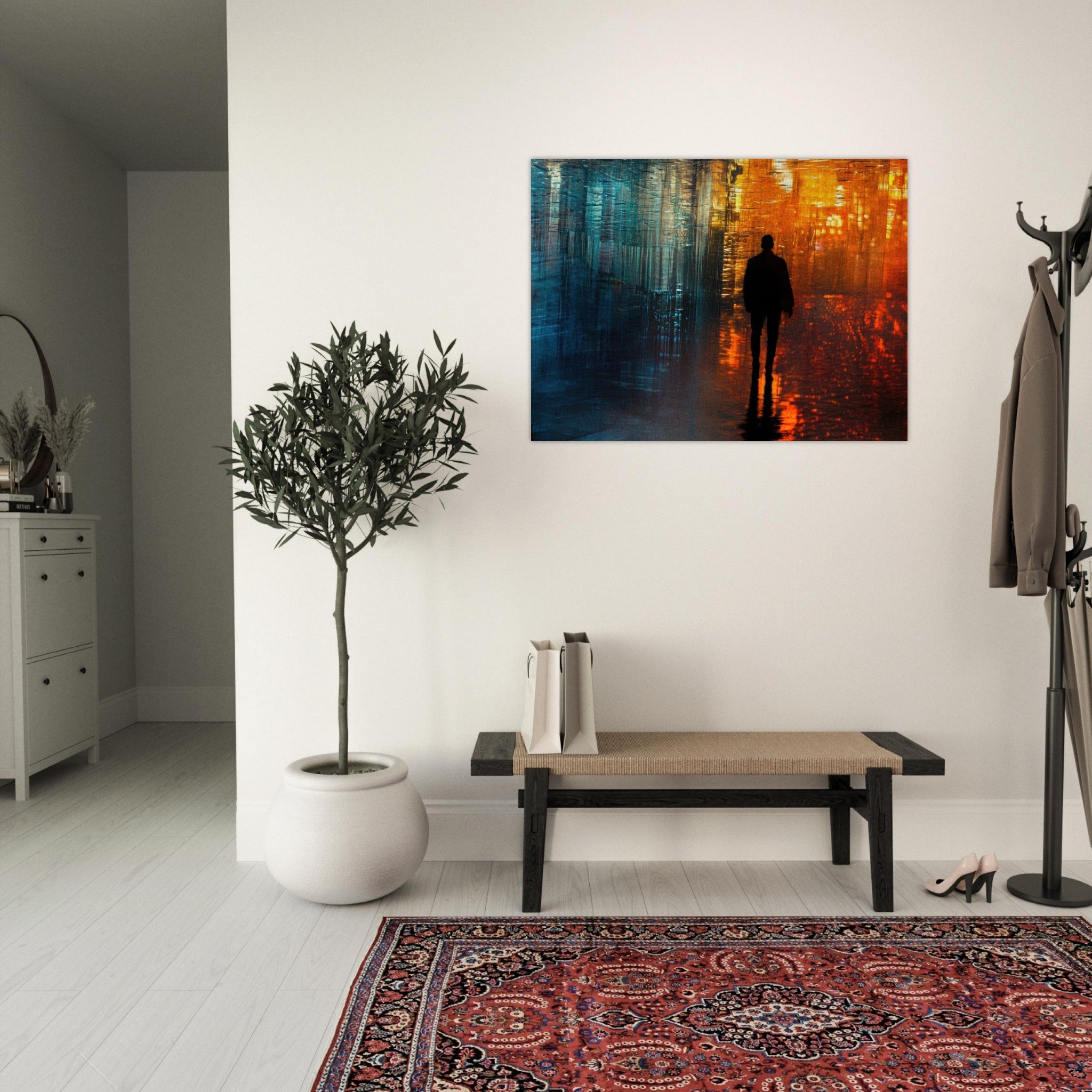 Fine Art Poster Landscape - A lonely figure walks the rain - drenched streets - Shop Ai Art WebShop - Digital Art online Store