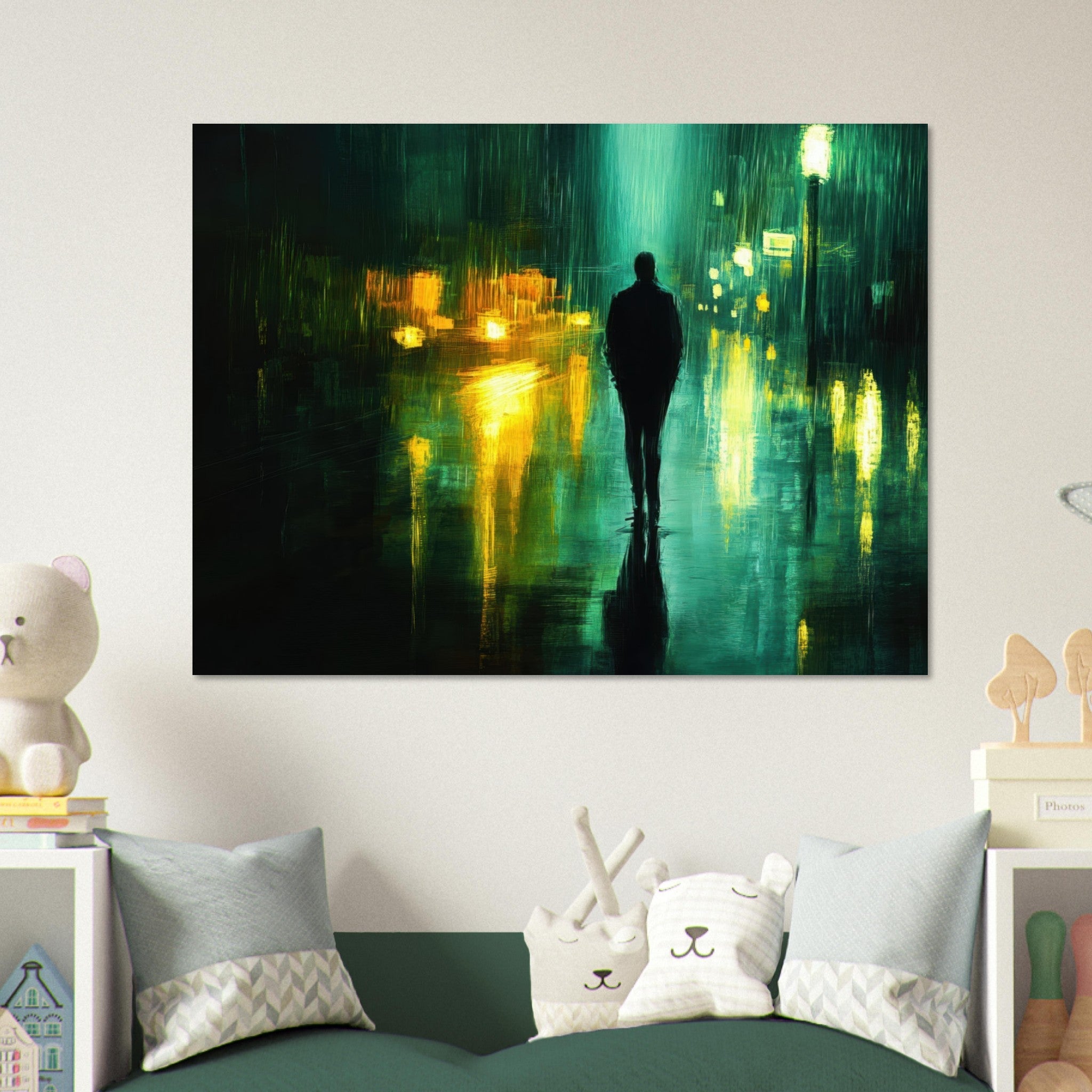 Fine Art Poster Landscape - A man walks alone in the pouring rain his figure - Shop Ai Art WebShop - Digital Art online Store